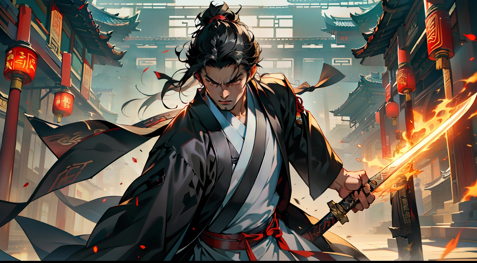 33, (1 person) (boy, (((Black coat))), ((Black Hanfu youth)), (((Black hair))), kingly air, gorgeous, handsome, outstanding temperament, bursting with momentum, waving his sword, fiercely slashing towards the person in white clothes) (Background: Inside the sacred and magnificent ancient Chinese imperial palace).