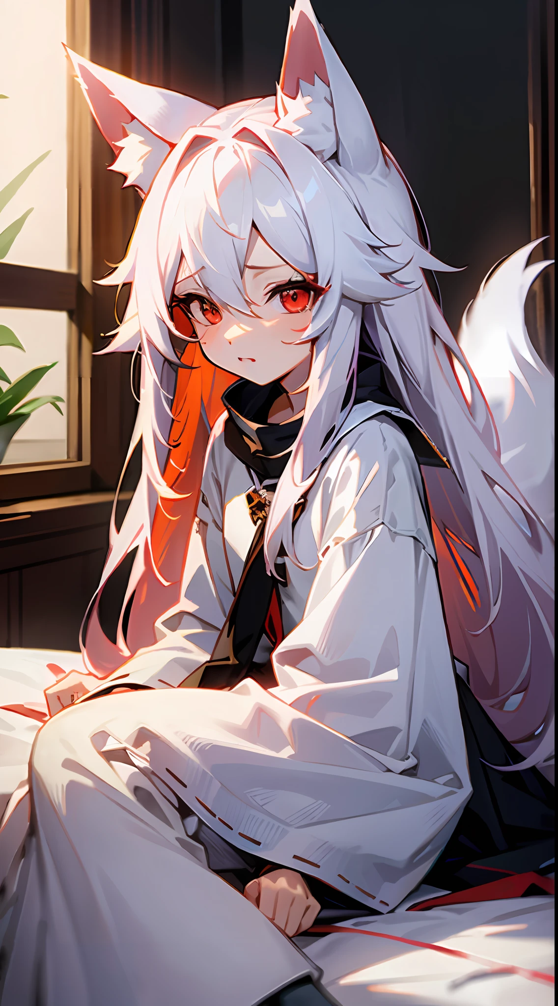 Anime girl with long white hair sitting on bed with cat ears, From Arknights, White-haired fox, onmyoji portrait, white-haired god, with red glowing eyes, white haired Cangcang, nightcore, with glowing red eyes, from girls frontline, onmyoji, Official artwork, White-haired, anime moe art style, no type, style of anime4 K