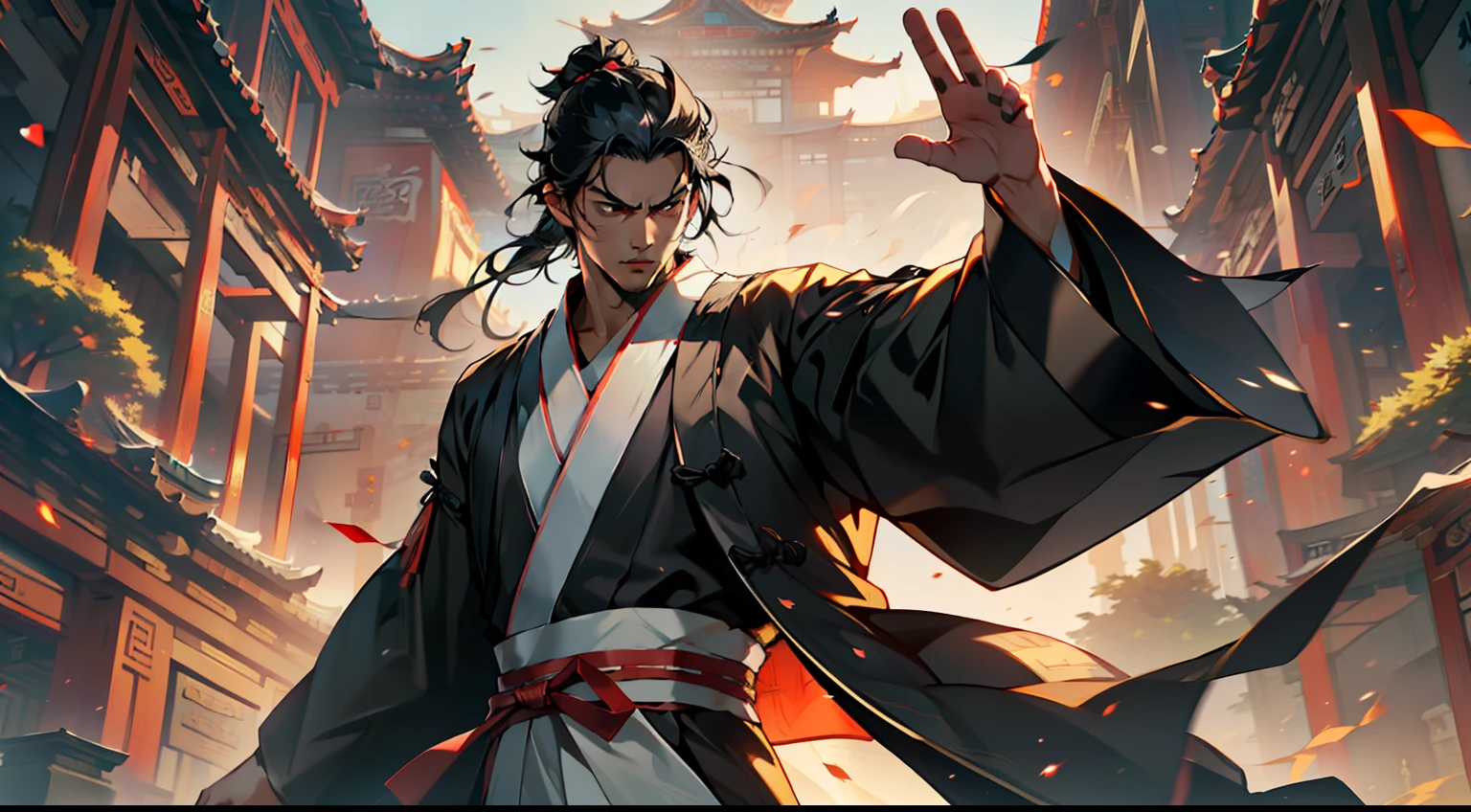 33, (1 person) (boy, (((Black coat))), ((Black Hanfu youth)), (((Black hair))), kingly air, gorgeous, handsome, outstanding temperament, bursting with momentum, waving his sword, fiercely slashing towards the person in white clothes) (Background: Inside the sacred and magnificent ancient Chinese imperial palace).