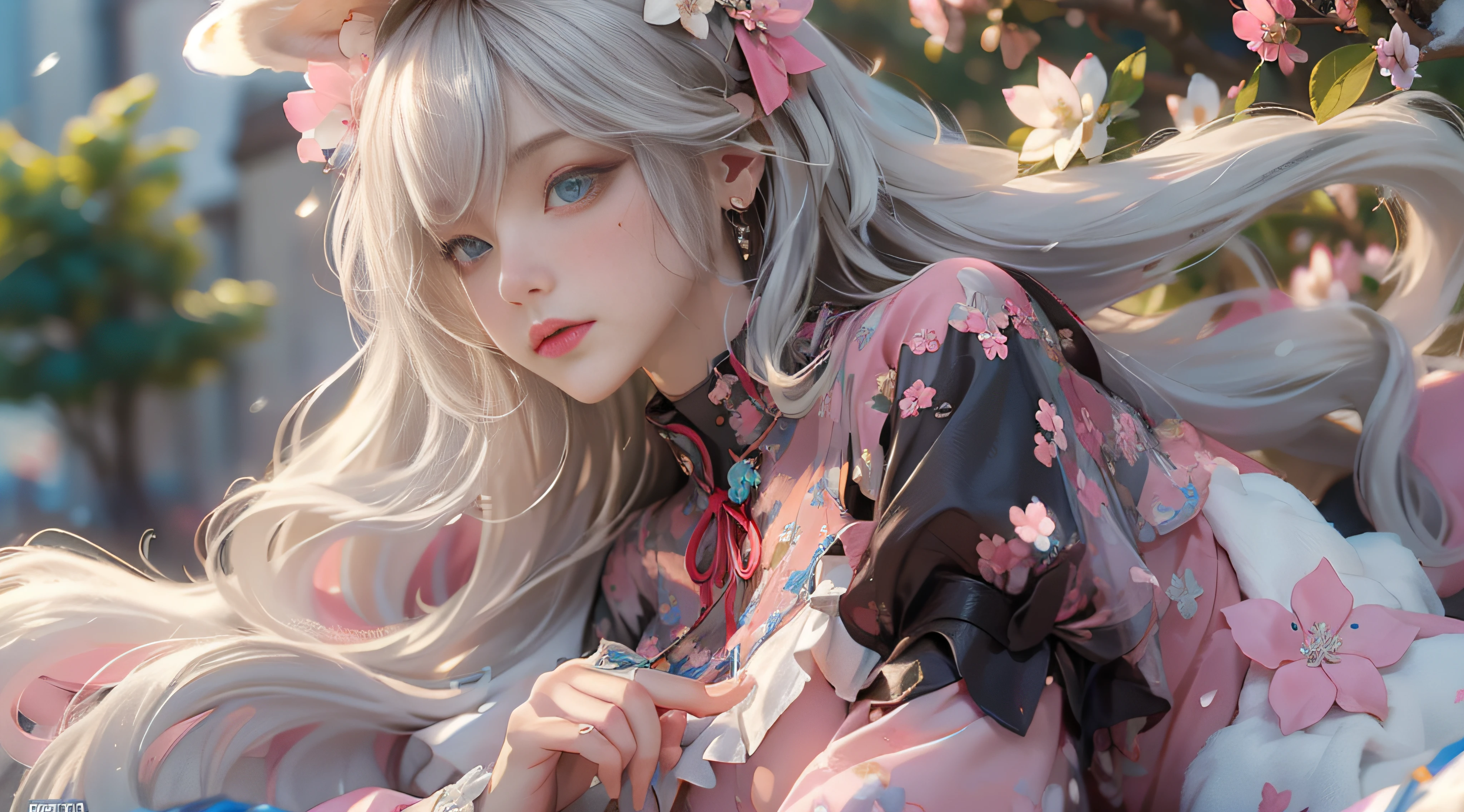 ((best qualtiy)), ((tmasterpiece)), (detail:1.4), Beautiful cyberpunk female images,hdr(HighDynamicRange),Ray traching,NVIDIA RTX,Hyper-Resolution,illusory 5,sub surface scattering,PBR textures,post-proces,Anisotropy Filtering,depth of fields,maximum definition and sharpness,Many-Layer Textures,Albedo e mapas Speculares,Surface coloring,Mitsu-Accurate simulation of material interactions,perfectly proportioned,rendering by octane,Two-colored light,largeaperture,Low ISO,White balance,Rule three points、8K raw data、Beautiful bright blue pupils,off-the-shoulder clothes,Fine pupils,Delicate face and eyes,long eyelasher,Blushlush,Delicate and fluffy hair,pink lip,Pure,Cute face,Sweet girl,Artistic sense,Casual wear,Advancedsense,butterflys,Cherry blossom petal,Beautiful hair accessories,Long hair and waist,Hair fluttering in the wind,Snow-white fox ears,curlies