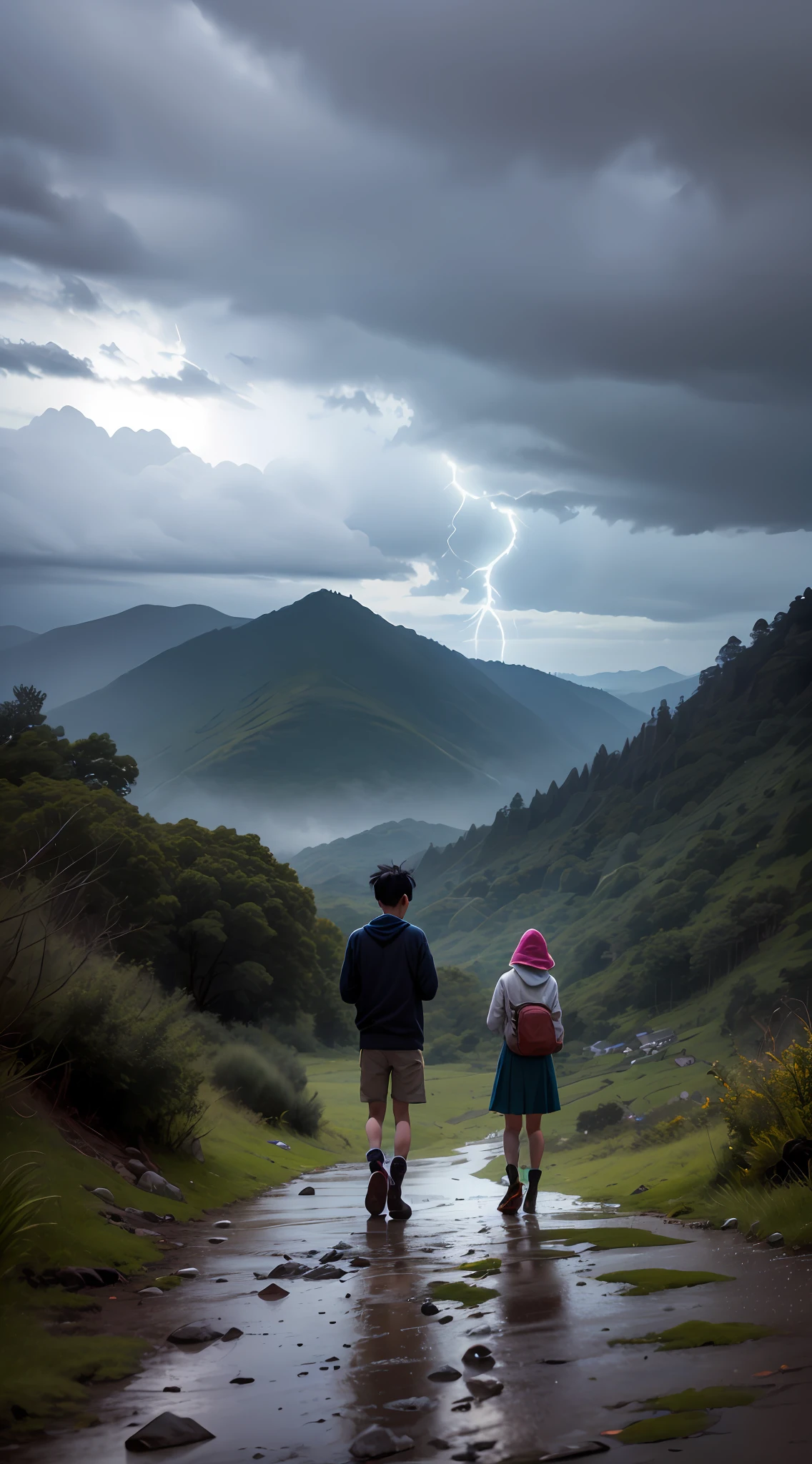A poor boy and rich girl see together when they fall form hill station weather rainy cloudy sky thunder lightning 8k