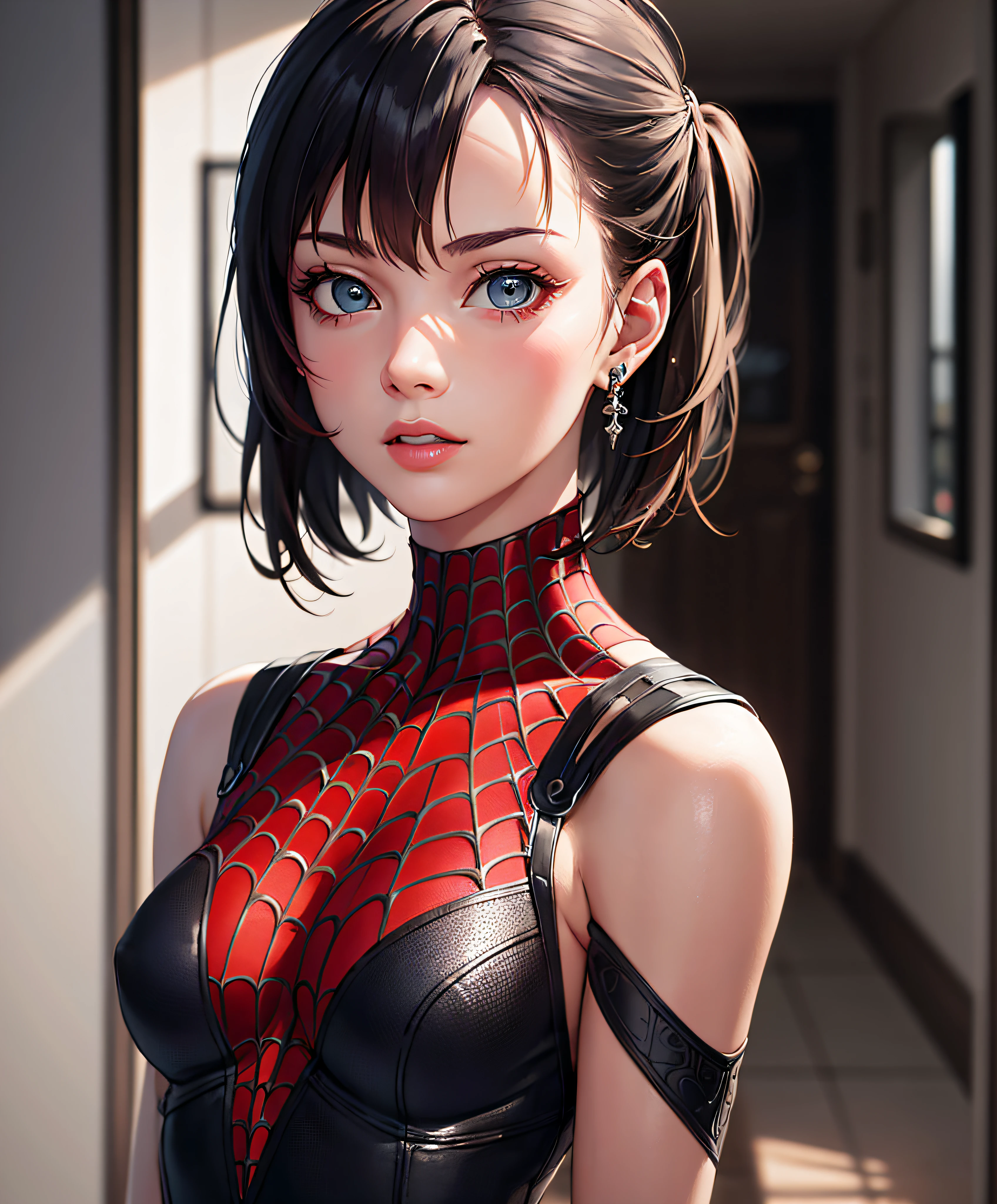 best quality,game cg,1girl, masterpiece, best quality, 8k, detailed skin texture, detailed cloth texture, beautiful detailed face, intricate details, ultra detailed, audrey hepburn, Spider-Man uniform, straight red hair, (Half body:1.2)