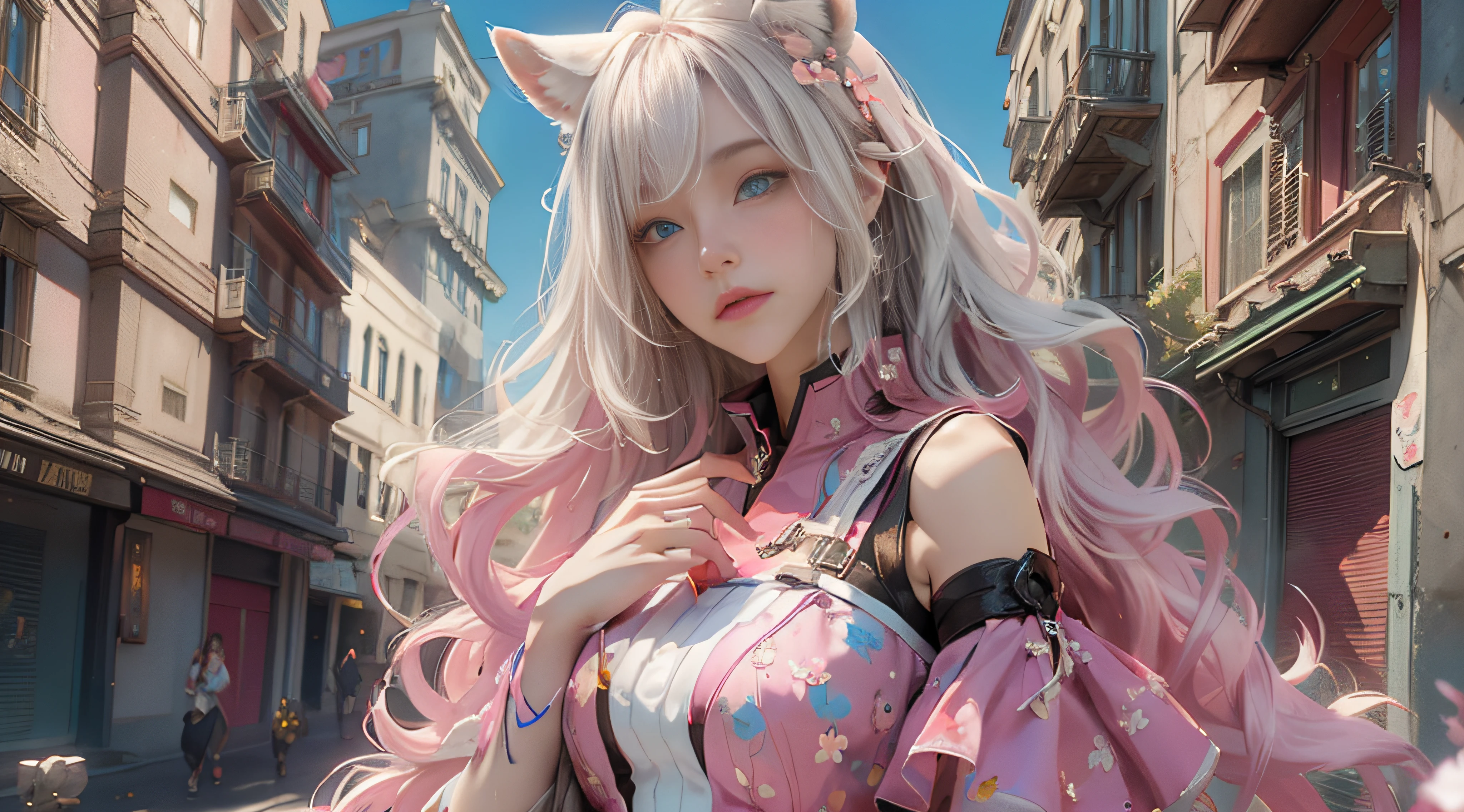 （（best qualtiy））， （（tmasterpiece））， （detail：1.4）， Beautiful cyberpunk female images，hdr（HighDynamicRange），Ray traching，NVIDIA RTX，Hyper-Resolution，illusory 5，sub surface scattering，PBR textures，post-proces，Anisotropy Filtering，depth of fields，maximum definition and sharpness，Many-Layer Textures，Albedo e mapas Speculares，Surface coloring，Mitsu-Accurate simulation of material interactions，perfectly proportioned，rendering by octane，Two-colored light，largeaperture，Low ISO，White balance，Rule three points、8K raw data、Beautiful bright blue pupils，off-the-shoulder clothes，Fine pupils，Delicate face and eyes，long eyelasher，Blushlush，Delicate and fluffy hair，pink lip，Pure，Cute face，Sweet girl，Artistic sense，Casual wear，Advancedsense，butterflys，Cherry blossom petal，Beautiful hair accessories，Long hair and waist，Hair fluttering in the wind，Snow-white fox ears，curlies