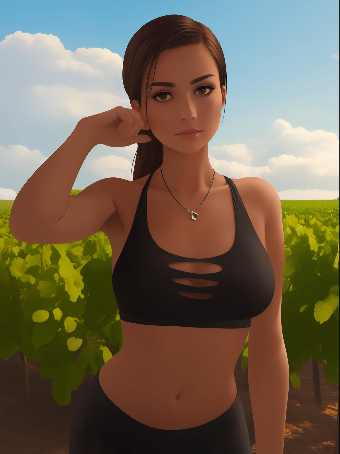 Beautiful Brazilian girl, brown hair in a ponytail, 18 years old, beautiful thin figure symmetrical eyes, (beautifully detailed face, beautiful detailed eyes), dramatic lighting, (photo realism:1. 4), realistic, sharp focus, HD, highly complex, intricate, photography, hyperrealism, hyperrealistic, raytracing, physics-based rendering, ((8k, RAW photo, masterpiece), High detail RAW color photo, (highest quality), (best shadow), (best illustration), ultra high resolution, highly detailed CG unified 8K wallpapers), rim lighting, vivid color, post-processing, vibrant, color grading, Posing in a vineyard, wearing tight leggings and a sports bra, showing her butt, holding a glass of white wine