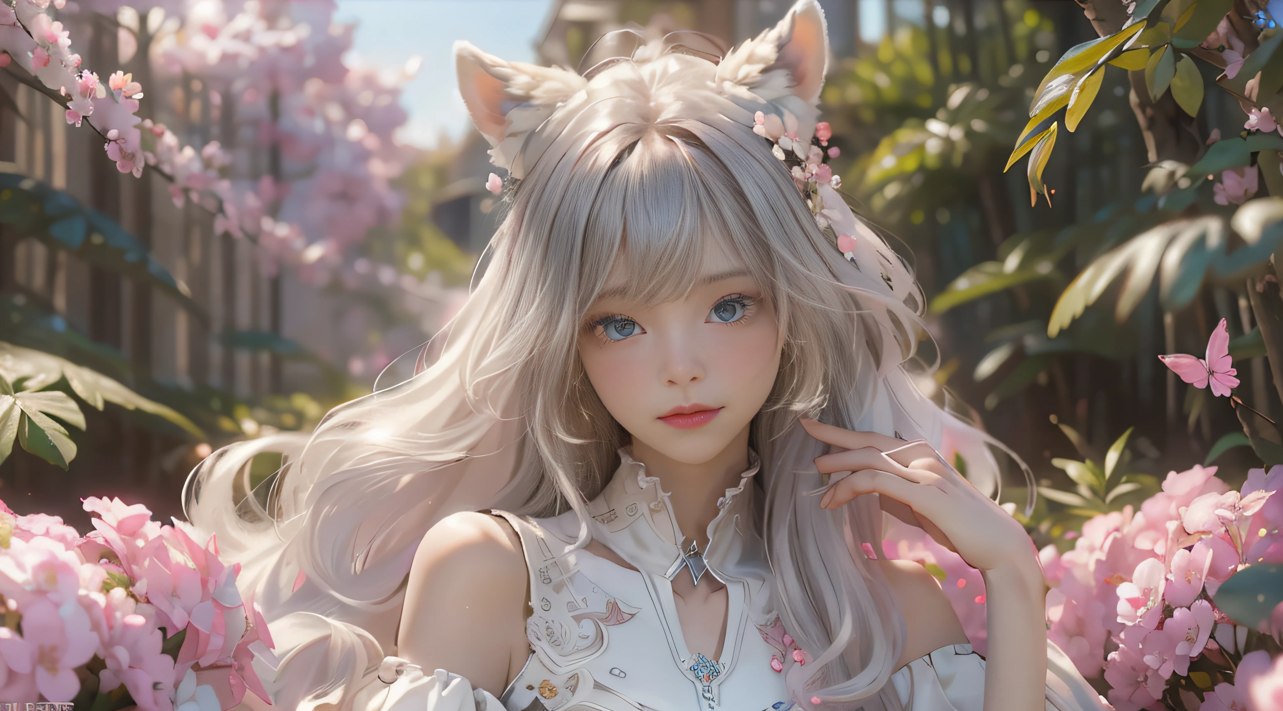 ((best qualtiy)), ((tmasterpiece)), (detail:1.4), Beautiful cyberpunk female images,hdr(HighDynamicRange),Ray traching,NVIDIA RTX,Hyper-Resolution,illusory 5,sub surface scattering,PBR textures,post-proces,Anisotropy Filtering,depth of fields,maximum definition and sharpness,Many-Layer Textures,Albedo e mapas Speculares,Surface coloring,Mitsu-Accurate simulation of material interactions,perfectly proportioned,rendering by octane,Two-colored light,largeaperture,Low ISO,White balance,Rule three points、8K raw data、Beautiful bright blue pupils,off-the-shoulder clothes,Fine pupils,Delicate face and eyes,long eyelasher,Blushlush,Delicate and fluffy hair,pink lip,Pure,Cute face,Sweet girl,Artistic sense,Casual wear,Advancedsense,butterflys,Cherry blossom petal,Beautiful hair accessories,Long hair and waist,Hair fluttering in the wind,Snow-white fox ears,curlies