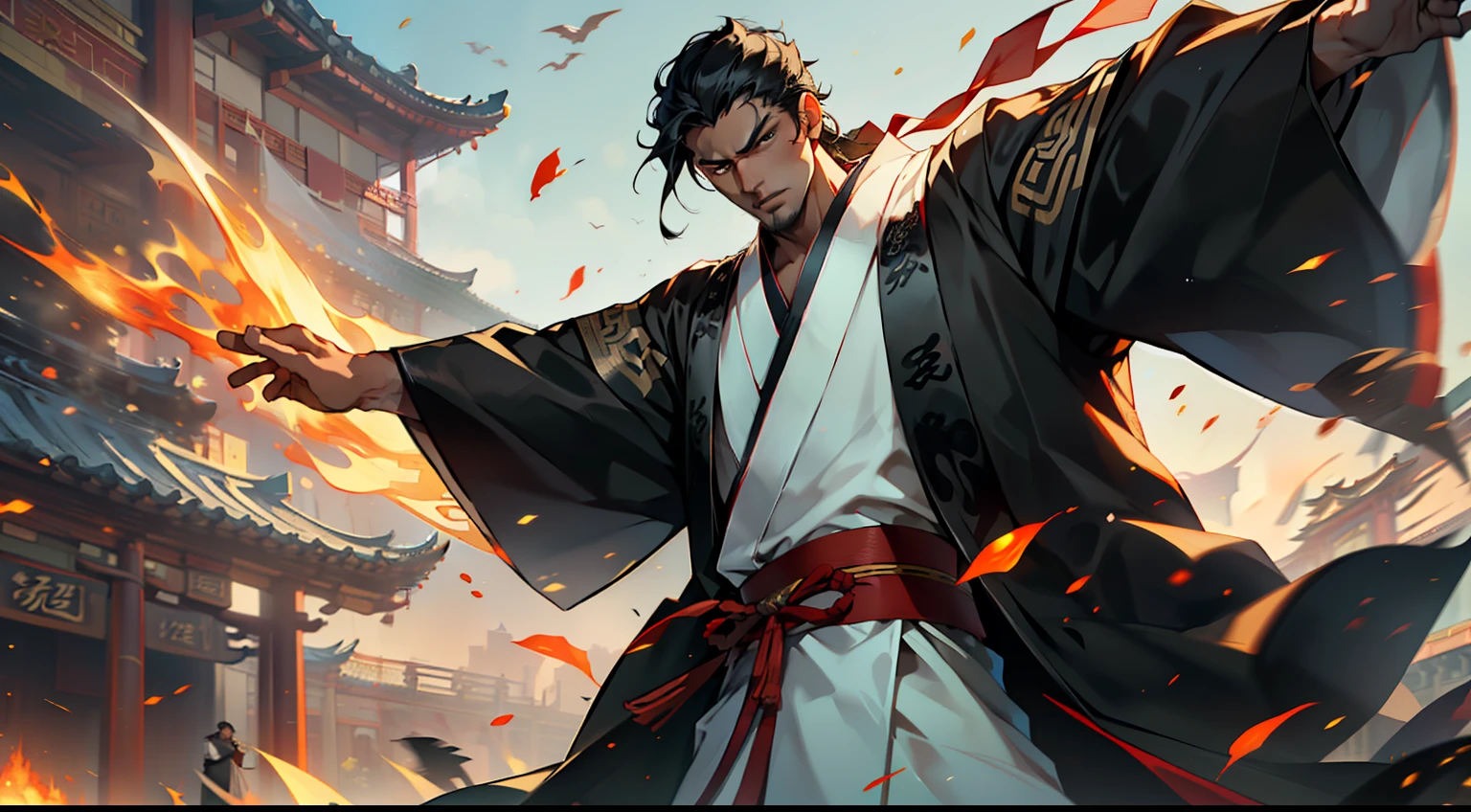 33, (1 person) (boy, (((Black coat))), ((Black Hanfu youth)), (((Black hair))), kingly air, gorgeous, handsome, outstanding temperament, bursting with momentum, waving his sword, fiercely slashing towards the person in white clothes) (Background: Inside the sacred and magnificent ancient Chinese imperial palace).