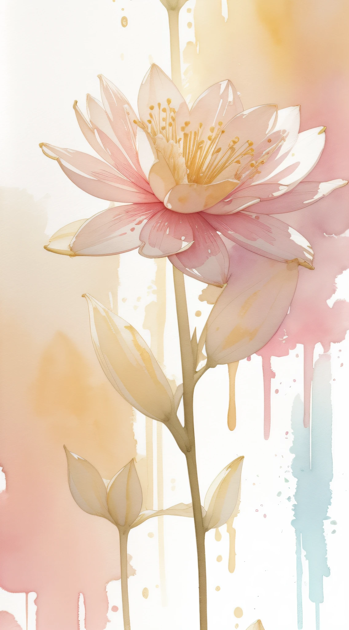 Watercolor flower painting isolated on high end background、watercolor paiting、Splash technology reproduces wet conditions、Blurred atmosphere、Unique composition、Abstract representation、Contains surrealist elements、Pale tones、Pale pink and gold color scheme、high-resolution details、Ink splash effect、Light shades。