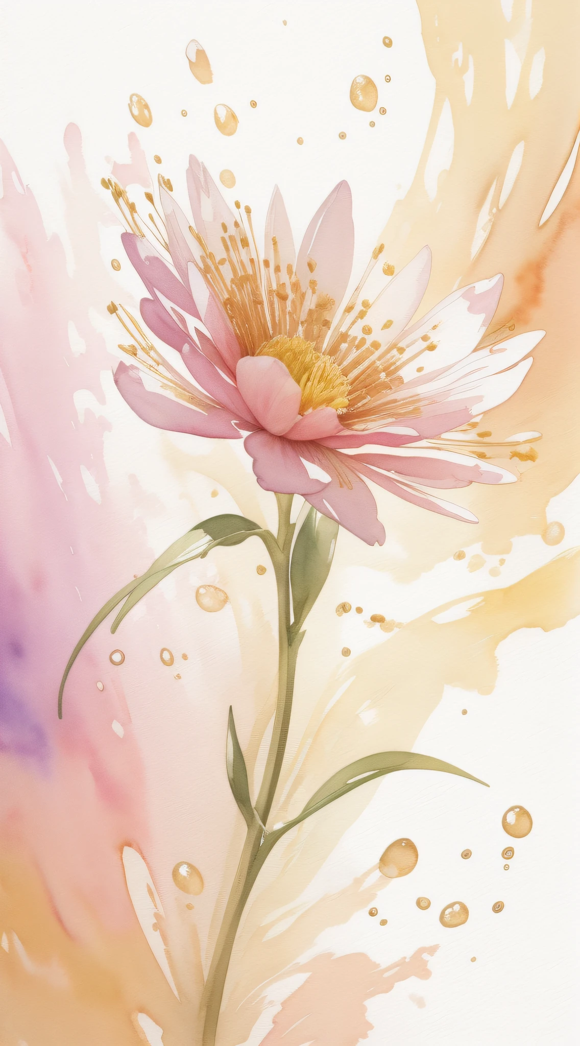 Watercolor flower painting isolated on high end background、watercolor paiting、Splash technology reproduces wet conditions、Blurred atmosphere、Unique composition、Abstract representation、Contains surrealist elements、Pale tones、Pale pink and gold color scheme、high-resolution details、Ink splash effect、Light shades。