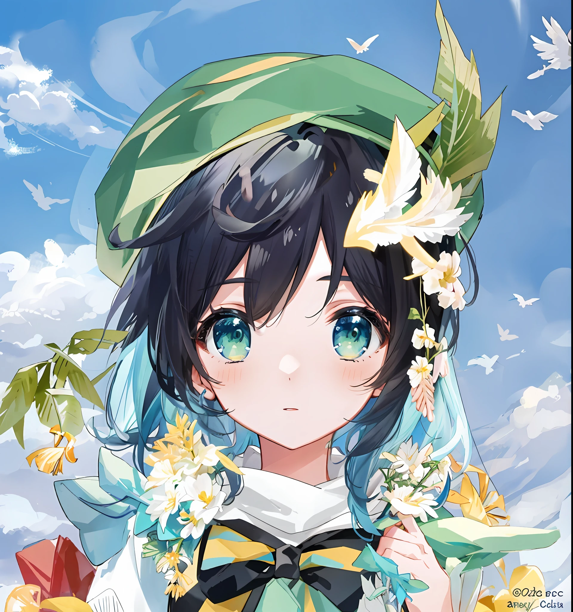 official art works，An anime girl with green eyes and hat，There is a flock of birds in hand，Moe cute anime visuals。