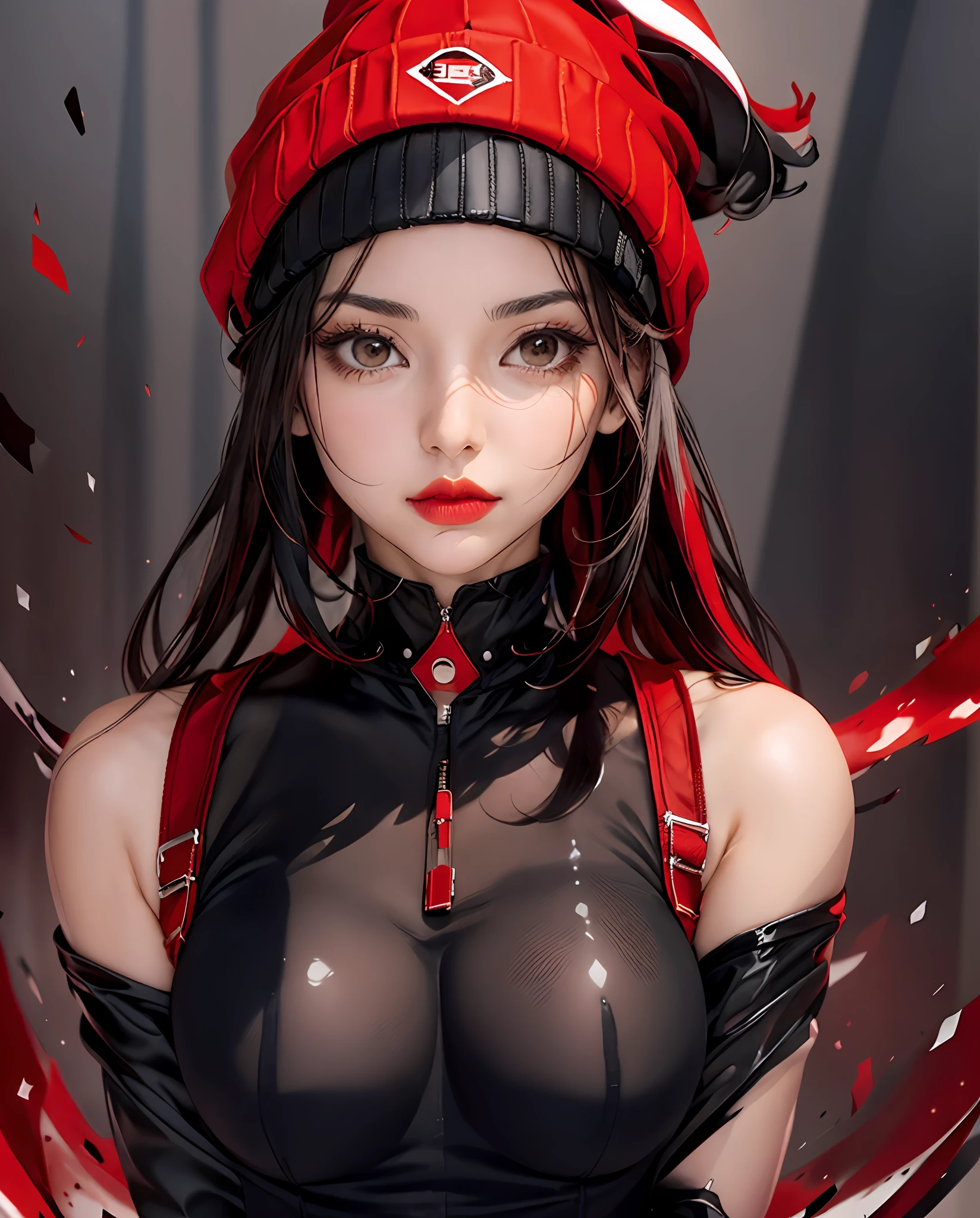 Detailed portrait of a beautiful girl, 1girl, caucasian, ((realistic)) , black and red clothes, leaning forward, mid body pose, idol, floating, beanie, shirt collar, full bodysuit, strapless, intricate background, beautiful face, lips, masterpiece, best quality, artstation