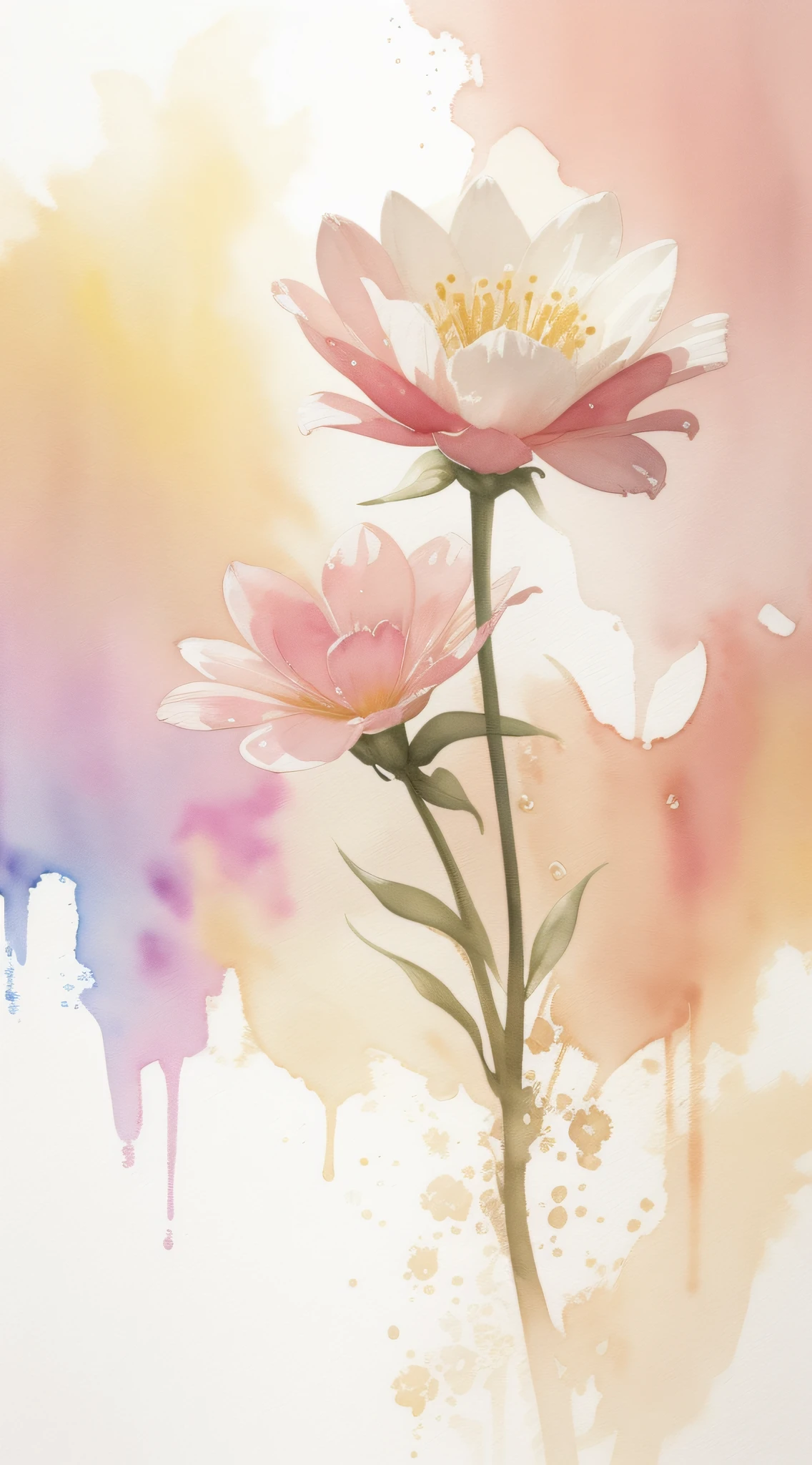 Watercolor flower painting isolated on high end background、watercolor paiting、Splash technology reproduces wet conditions、Blurred atmosphere、Unique composition、Abstract representation、Contains surrealist elements、Pale tones、Pale pink and gold color scheme、high-resolution details、Ink splash effect、Light shades。