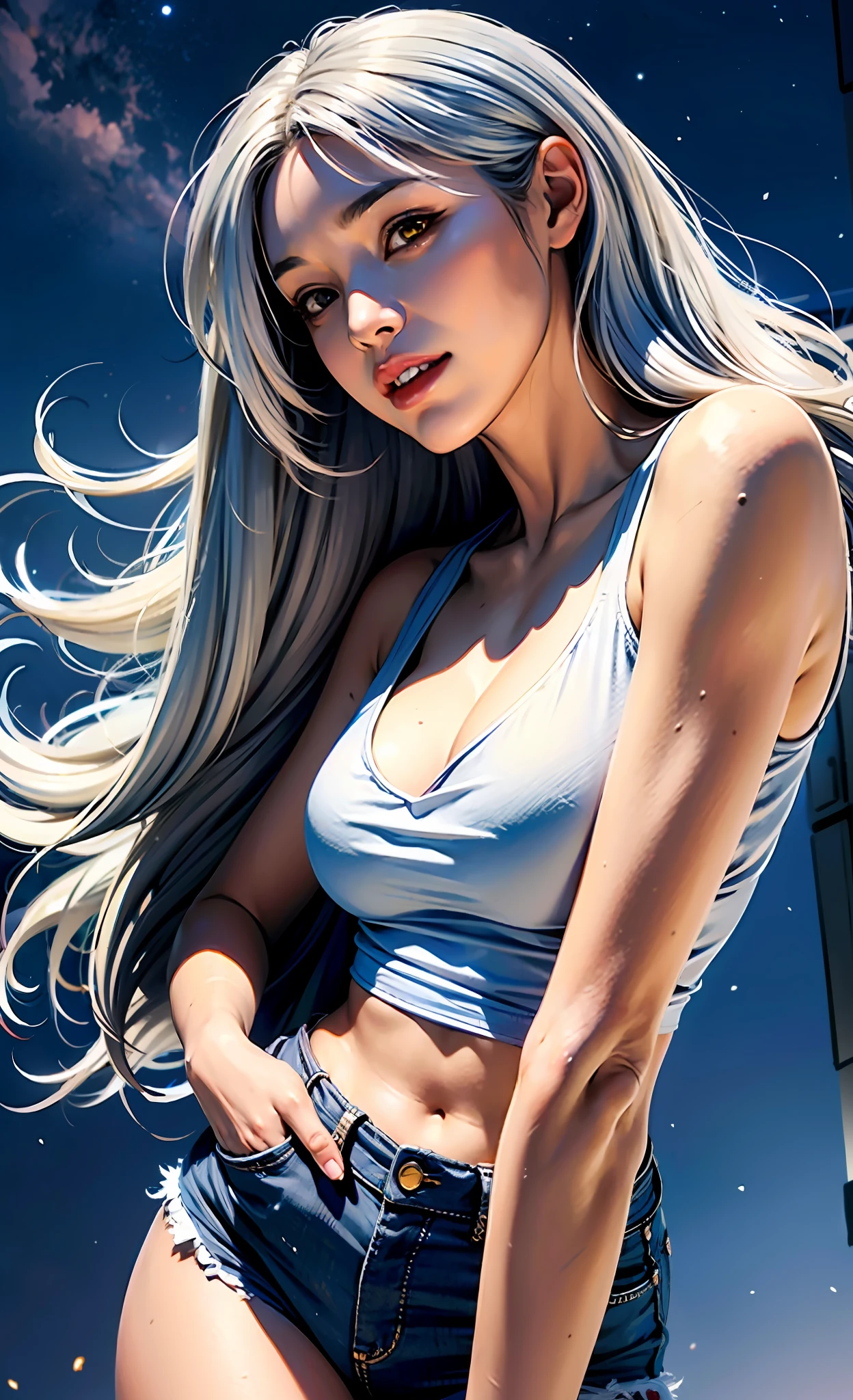 (beste-Qualit), (tmasterpiece), ((Close-up of a girl in a T-shirt and shorts)), 1girl in T-shirt and shorts, ((bare buttocks)), androgynous vampire, junji ito 4 k, with long gray hair, ito junji art, style of junji ito, portrait of sadako of the ring, Gentle androgynous princess , Beautiful androgynous princess, Streetwear, ((with her long white hair:1.5)), stocklings, (big yellow eyes:1.3), fangs, detailing, (generous cleavage), Burst breasts, extra high resolution, 8K, (The blood on her lips runs down her neck), (Lovely Medium Breasts), perfect anatomy, (shapely body), Microthongs, Beautiful slender legs, sexypose, (hands in pocket:1.2), (Looking down), (The gaze is directed downwards), (Night Sky Background: Red Moon)