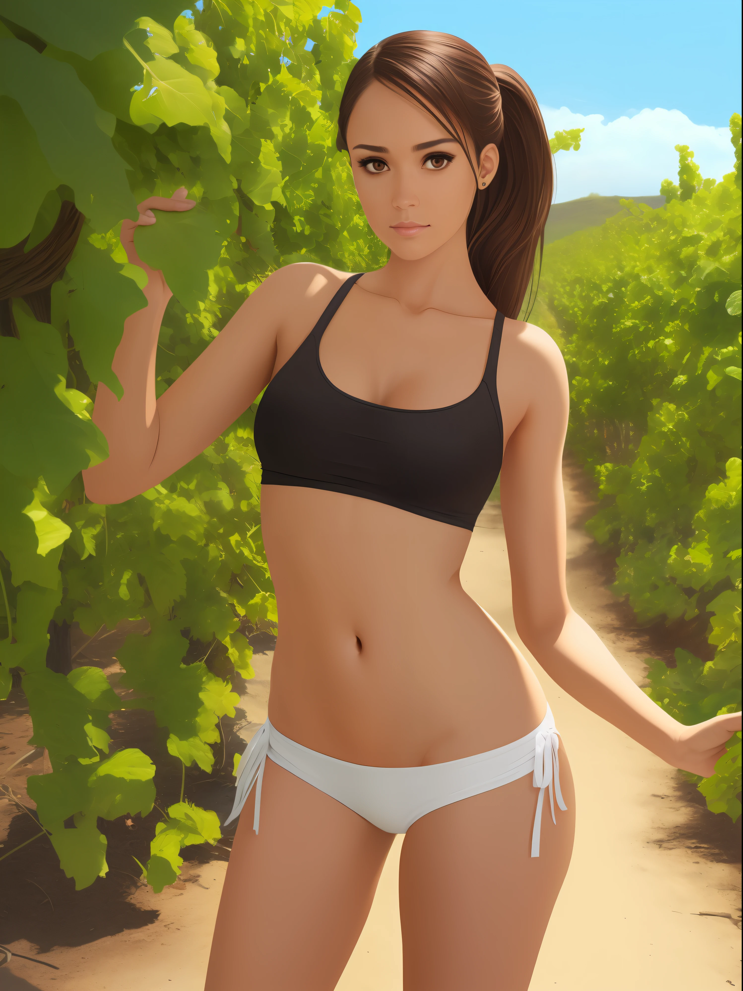 She looks a bit like Jessica Alba, Beautiful Brazilian girl, brown hair in a ponytail, 18 years old, beautiful thin figure symmetrical eyes, (beautifully detailed face, beautiful detailed eyes), dramatic lighting, (photo realism:1. 4), realistic, sharp focus, HD, highly complex, intricate, photography, hyperrealism, hyperrealistic, raytracing, physics-based rendering, ((8k, RAW photo, masterpiece), High detail RAW color photo, (highest quality), (best shadow), (best illustration), ultra high resolution, highly detailed CG unified 8K wallpapers), rim lighting, vivid color, post-processing, vibrant, color grading, Posing in a vineyard, wearing tight leggings and a sports bra, showing her butt, holding a glass of white wine