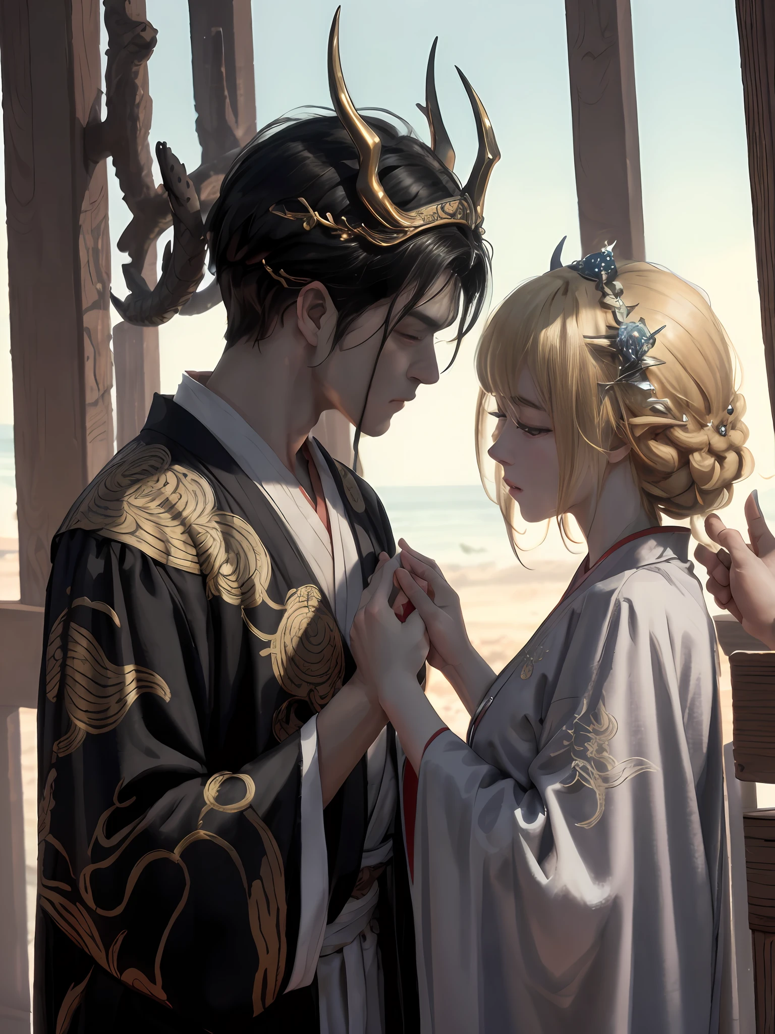 ultraclear,filigree,A Chinese dragon surrounded the man,The man casts spells with his hands crossed,The man has dragon horns and blonde hair ornaments on his head,Hanfu,Natural light