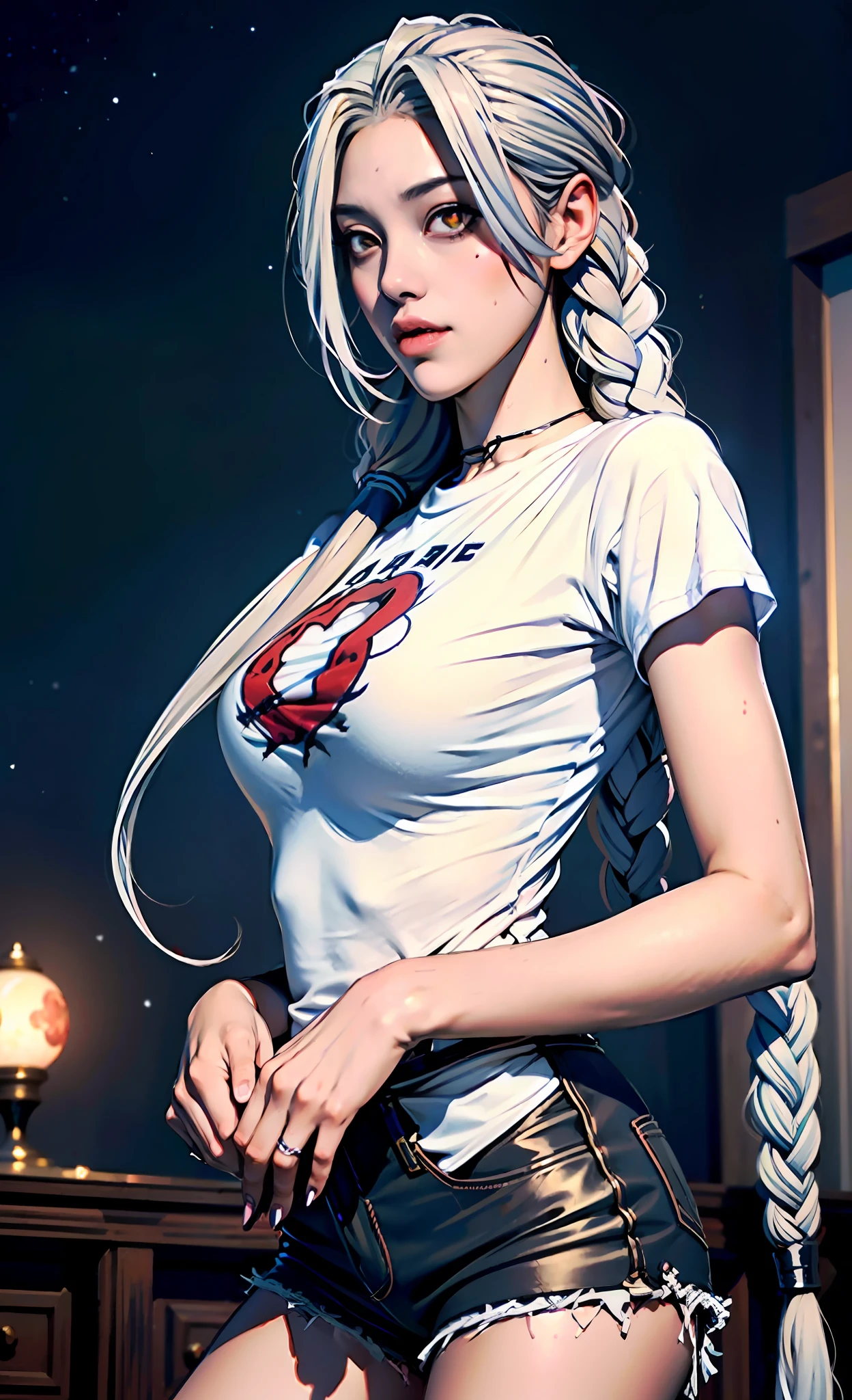 (beste-Qualit), (tmasterpiece), ((Close-up of a girl in a T-shirt and shorts)), 1girl in T-shirt and shorts, ((bare buttocks)), androgynous vampire, junji ito 4 k, with long gray hair, ito junji art, style of junji ito, portrait of sadako of the ring, Gentle androgynous princess , Beautiful androgynous princess, Streetwear, ((with her long white hair:1.5)), stocklings, (big yellow eyes:1.3), fangs, detailing, (generous cleavage), Burst breasts, extra high resolution, 8K, (The blood on her lips runs down her neck), (Lovely Medium Breasts), perfect anatomy, (shapely body), Microthongs, Beautiful slender legs, sexypose, (hands in pocket:1.2), (Looking down), (The gaze is directed downwards), (Night Sky Background: Red Moon)