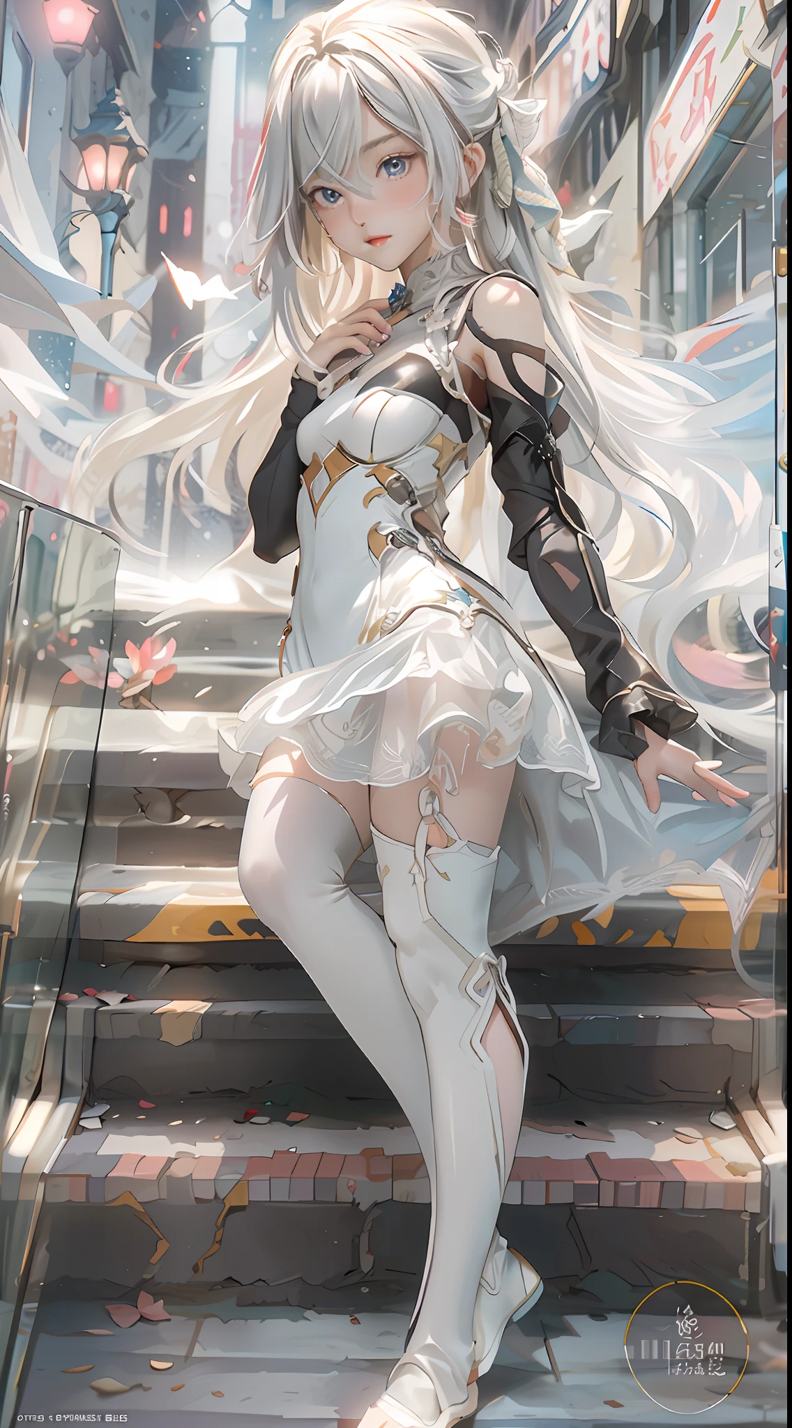 （down view），dynamic angle，ultra - detailed，illustratio，closeup cleavage，Looking directly at，1girll，（（souryuu asuka langley，cropped shoulders，navel，short transparent dress：1.4，White-haired girl）），Her eyes shone like dreamy stars，（Glowing eyes：1.233），（beautiful and detailed eye：1.1），（expressiveless，Keep your mouth shut），（standing on your feet），（the night：1.2），Dream-like，[[Delicate fingers and hands：0.55]：：0.85]，（detail finger），