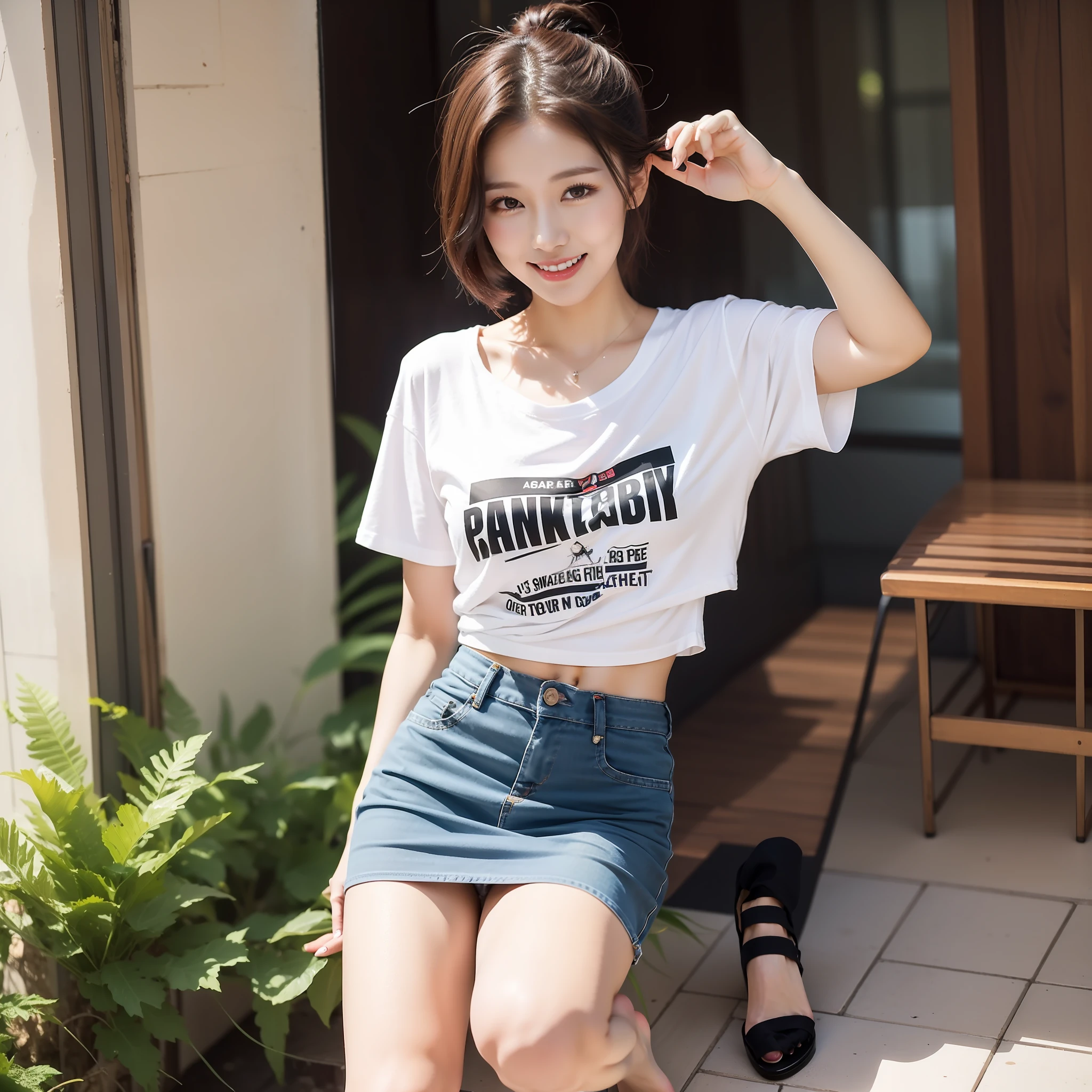 1 girl , realisticlying, best qualityer, ((Eye makeup))((((short skirt)))),((sandals))(((Low-cut clothing)))((pantiess))(((Happy expression: 1.8)),full bodyesbian, (Larger chest), Twinkle, (20yr old), ((Slimmer figure: 1.5)), (((tee shirt: 1.5)))), ((Nice hairstyle: 1.5)))), (((opening legs: 1.8)),((((ankle)))),((((Toes))))