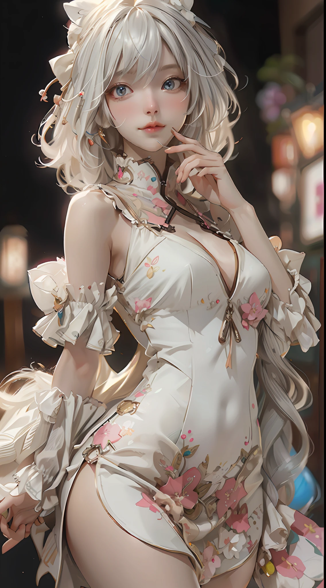 （down view），dynamic angle，ultra - detailed，illustratio，closeup cleavage，Looking directly at，1girll，（（souryuu asuka langley，cropped shoulders，navel，short transparent dress：1.4，White-haired girl）），Her eyes shone like dreamy stars，（Glowing eyes：1.233），（beautiful and detailed eye：1.1），（expressiveless，Keep your mouth shut），（standing on your feet），（the night：1.2），Dream-like，[[Delicate fingers and hands：0.55]：：0.85]，（detail finger），