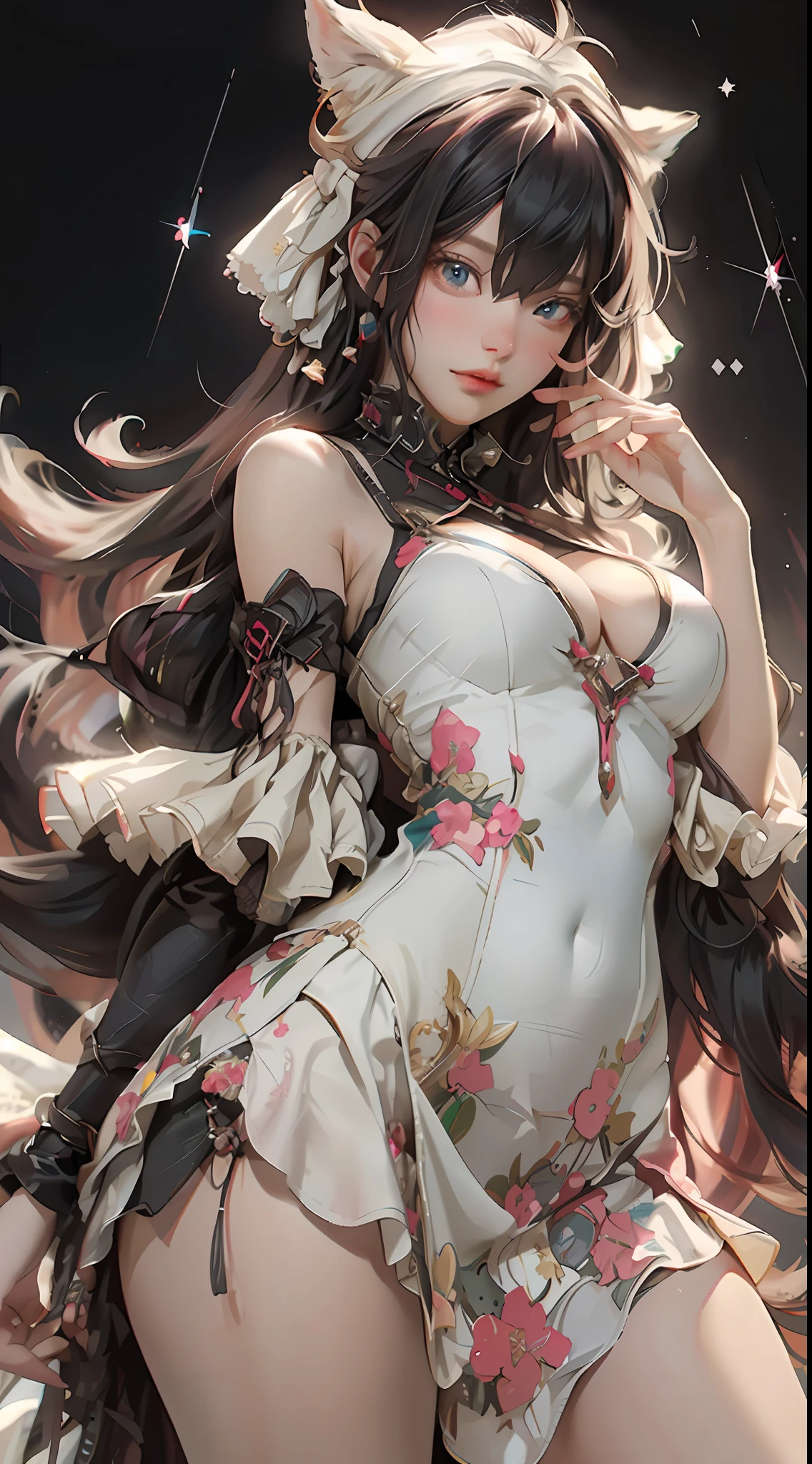 （down view），dynamic angle，ultra - detailed，illustratio，closeup cleavage，Looking directly at，1girll，（（souryuu asuka langley，cropped shoulders，navel，short transparent dress：1.4，White-haired girl）），Her eyes shone like dreamy stars，（Glowing eyes：1.233），（beautiful and detailed eye：1.1），（expressiveless，Keep your mouth shut），（standing on your feet），（the night：1.2），Dream-like，[[Delicate fingers and hands：0.55]：：0.85]，（detail finger），