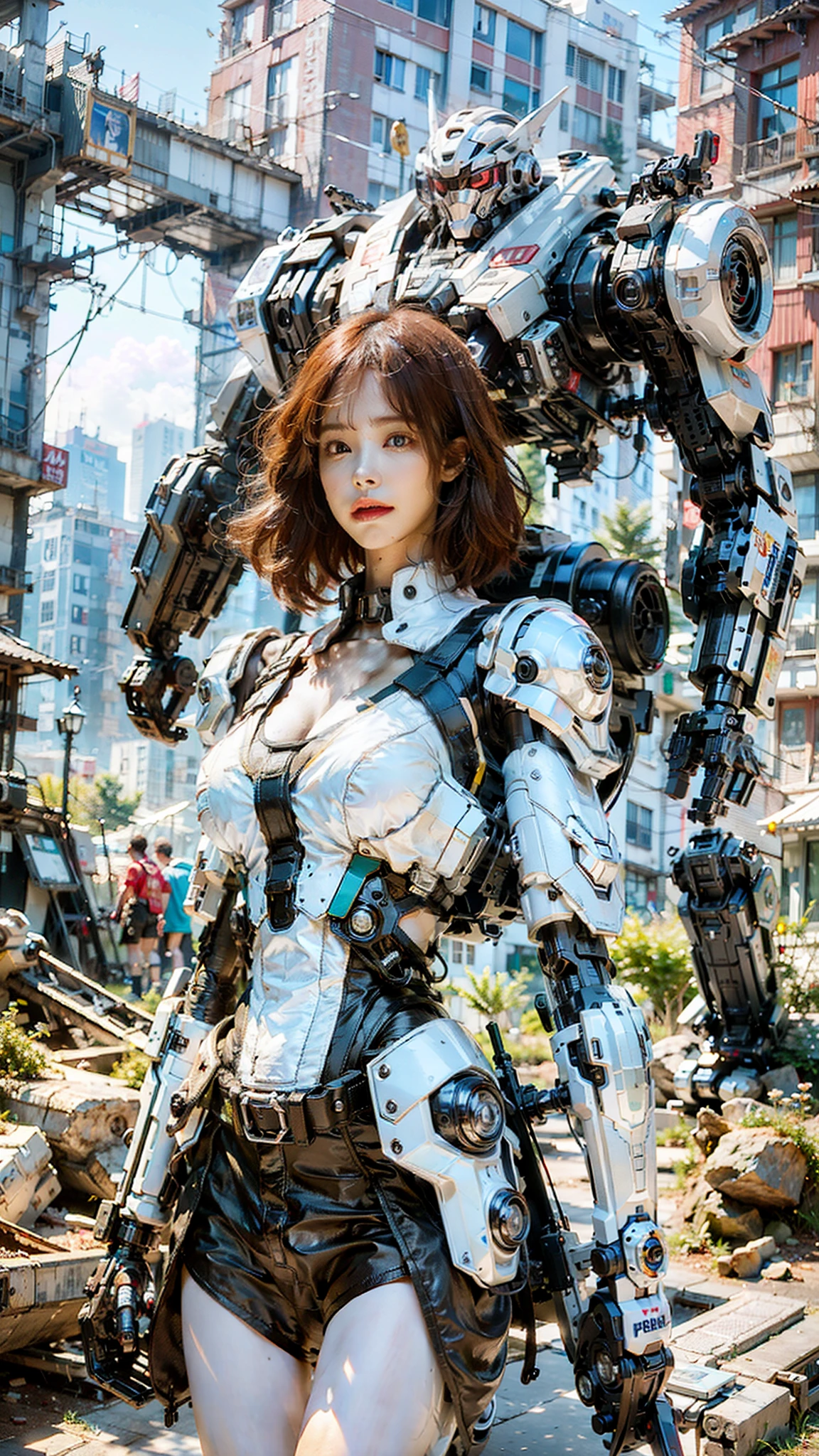 ((Best quality)), ((masterpiece)), (highly detailed:1.3), 3D,Shitu-mecha, beautiful cyberpunk women with her mecha in the ruins of city from a forgoten war, ancient technology,HDR (High Dynamic Range),Ray Tracing,NVIDIA RTX,Super-Resolution,Unreal 5,Subsurface scattering,PBR Texturing,Post-processing,Anisotropic Filtering,Depth-of-field,Maximum clarity and sharpness,Multi-layered textures,Albedo and Specular maps,Surface shading,Accurate simulation of light-material interaction,Perfect proportions,Octane Render,Two-tone lighting,Low ISO,White balance,Rule of thirds,Wide aperature,8K RAW,Efficient Sub-Pixel,sub-pixel convolution,luminescent particles,light scattering,Tyndall effect