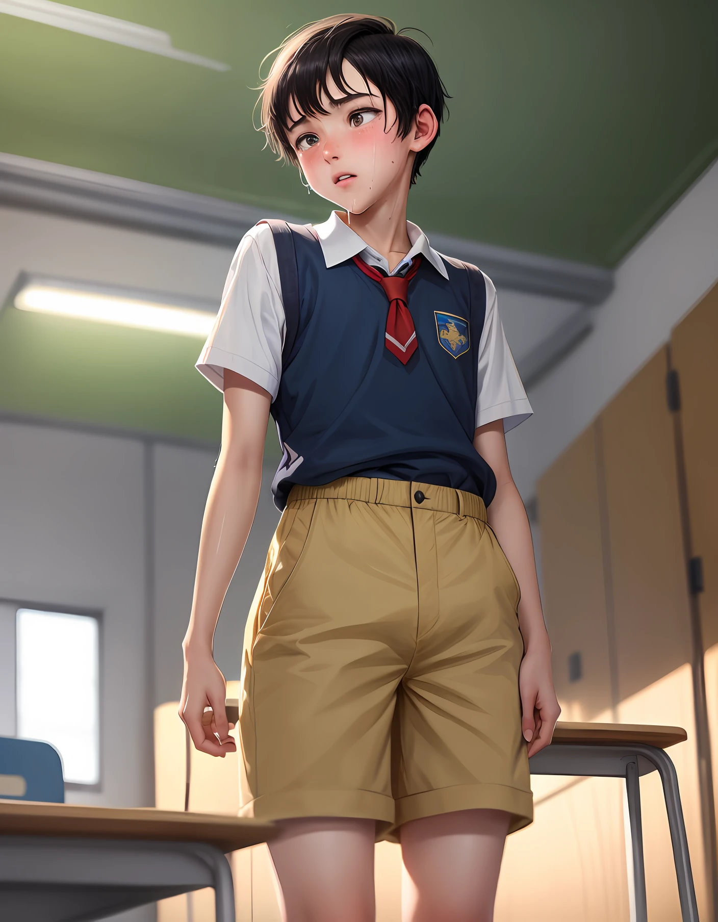 Boy holding urine age teenshort black hair Blue school uniform shorts White shirt Covering crotch Boy leaking urine Standing in classroom Class blushing embarrassed Sweating tears Pants wet