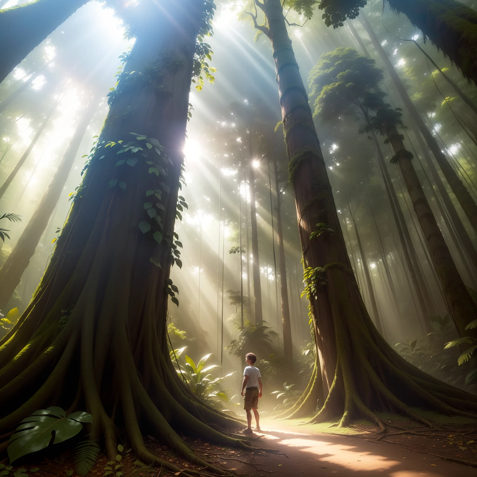 Draw a charming scene of the Amazon Rainforest with tall trees and a magical light filtered by the sun's rays. Destaque o personagem Pedro, um garoto curioso, explorando a floresta com um olhar maravilhado.