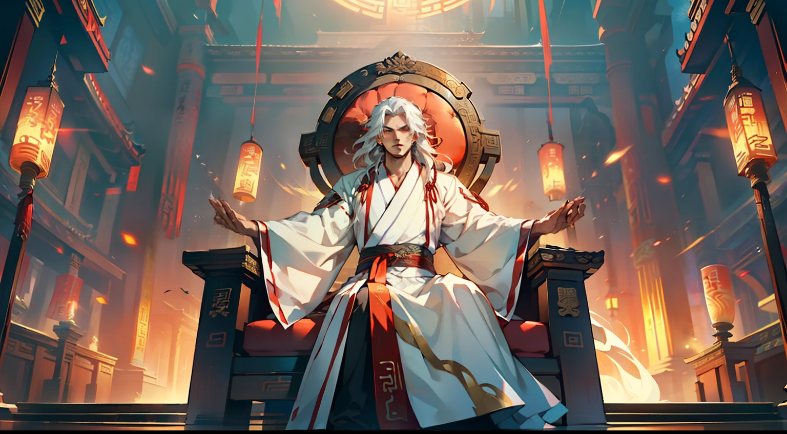 36, (1 person) (boy, ((white Hanfu youth)), ((Long white hair)), kingly air, gorgeous, handsome, outstanding temperament, sits on the sacred throne, eyes flashing, and then chases after him with astonishing speed)(Background: in the sacred, magnificent ancient Chinese imperial palace).