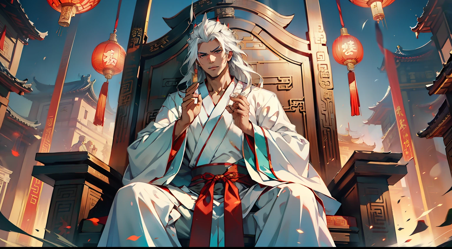 36, (1 person) (boy, ((white Hanfu youth)), ((Long white hair)), kingly air, gorgeous, handsome, outstanding temperament, sits on the sacred throne, eyes flashing, and then chases after him with astonishing speed)(Background: in the sacred, magnificent ancient Chinese imperial palace).