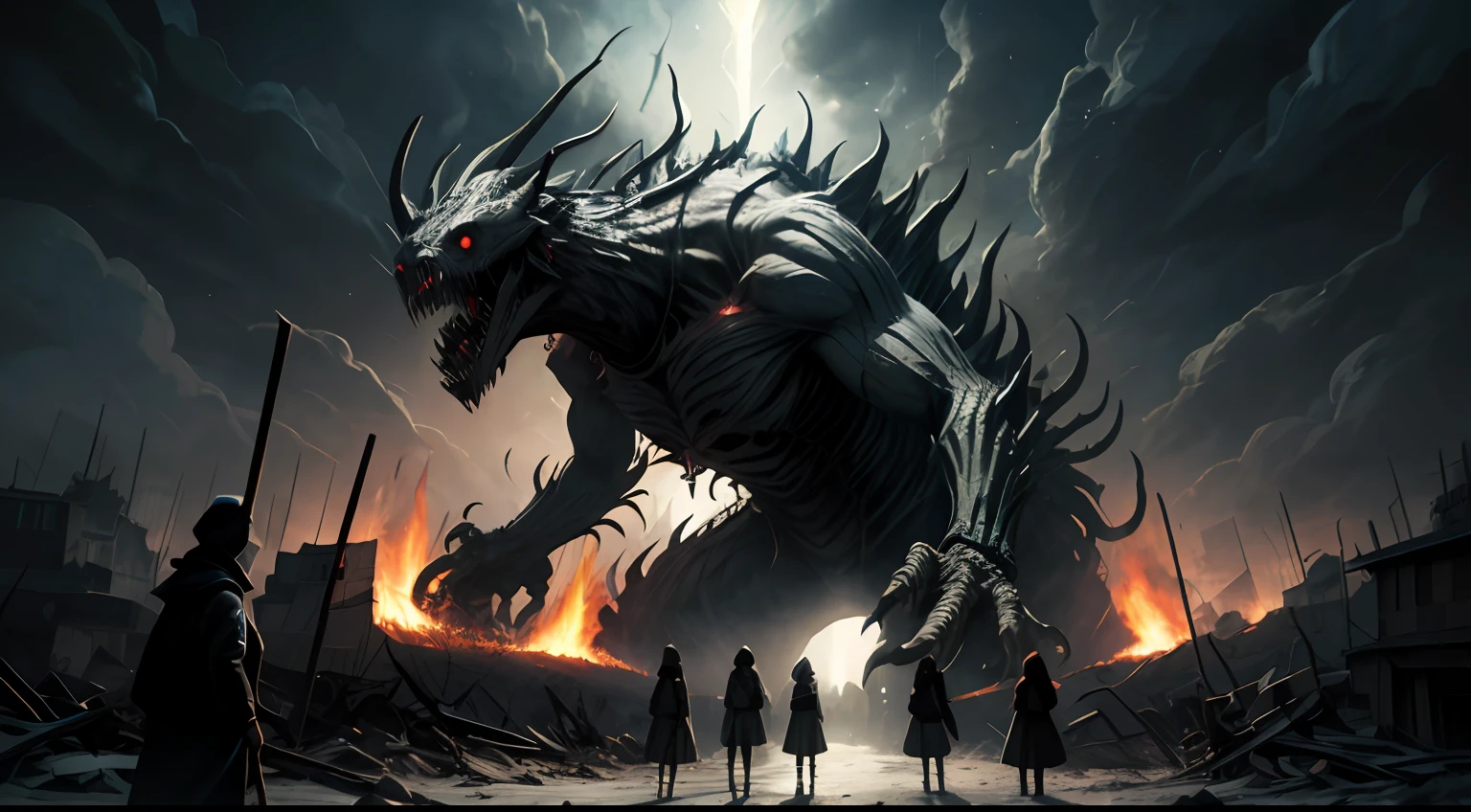 A large group of short, masked girls stood still,Holding a long metal stick in his hand to ward off evil spirits, (enormous scary creature in the distance), elemental shift, fires in the distance, strange lights in the sky, windswept ruined city background gloomy, Dark, ominous more details