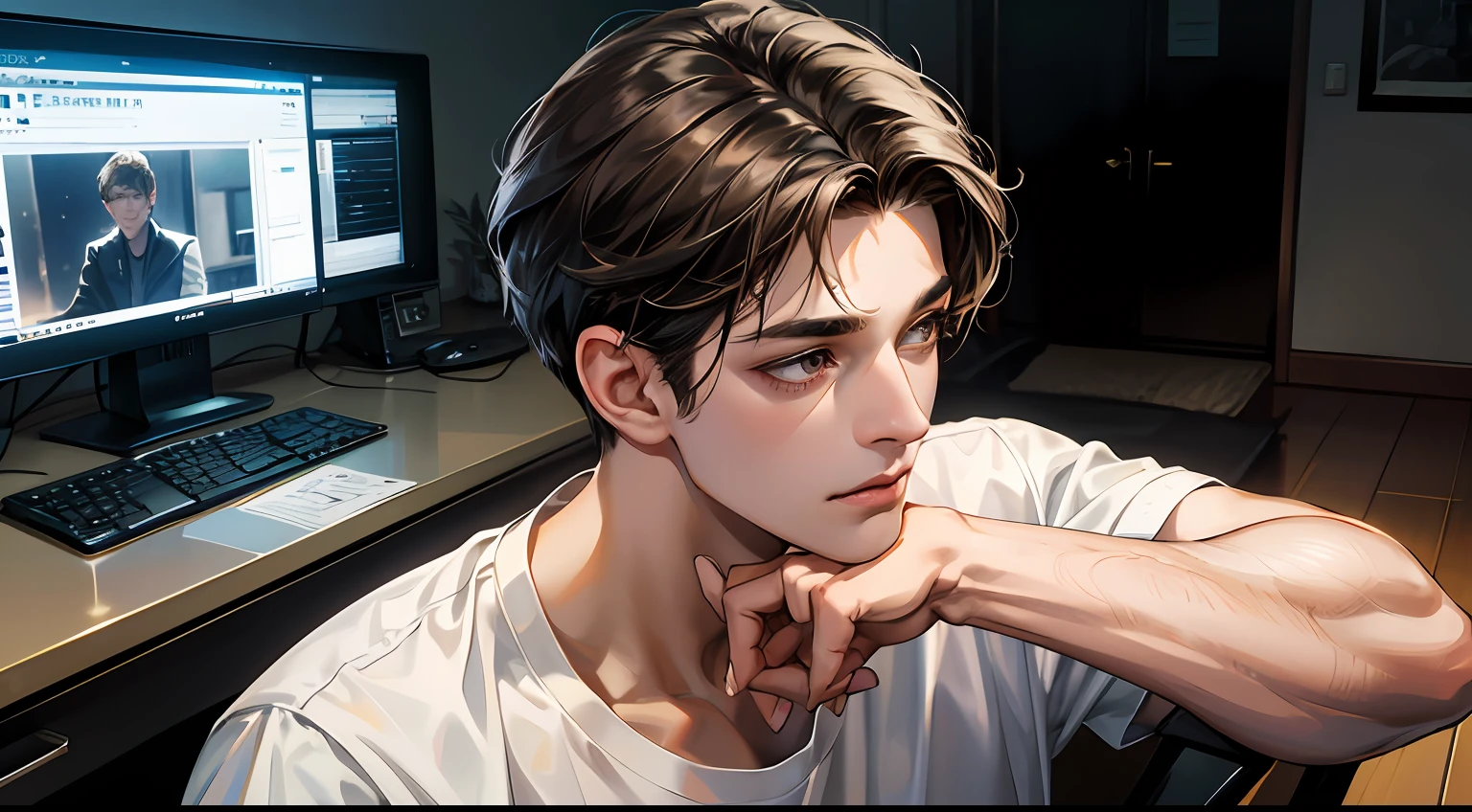 (absurdres, highres, ultra detailed, HDR), masterpiece, best quality, 1boy, solo, handsome, short hair, dark brown hair, finely eye and detailed face, ((loose white t-shirt)), (white jacket), (pale and white skin), look at the computer, ear piecing, sitting on chair, bedroom in background, sunshine, computer in the desk