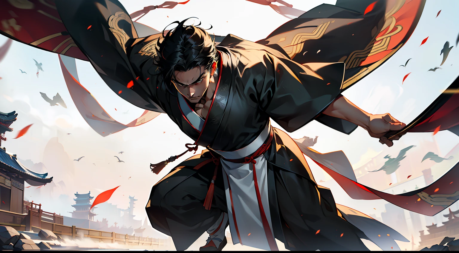 37, (1 person) (boy, ((Black coat)), ((Black Hanfu youth)), ((Black hair)), kingly air, gorgeous, handsome, outstanding temperament, swiftly navigates through the environment, attempting to escape from the pursuit of the person in white)(Background: in the sacred, magnificent ancient Chinese imperial palace).