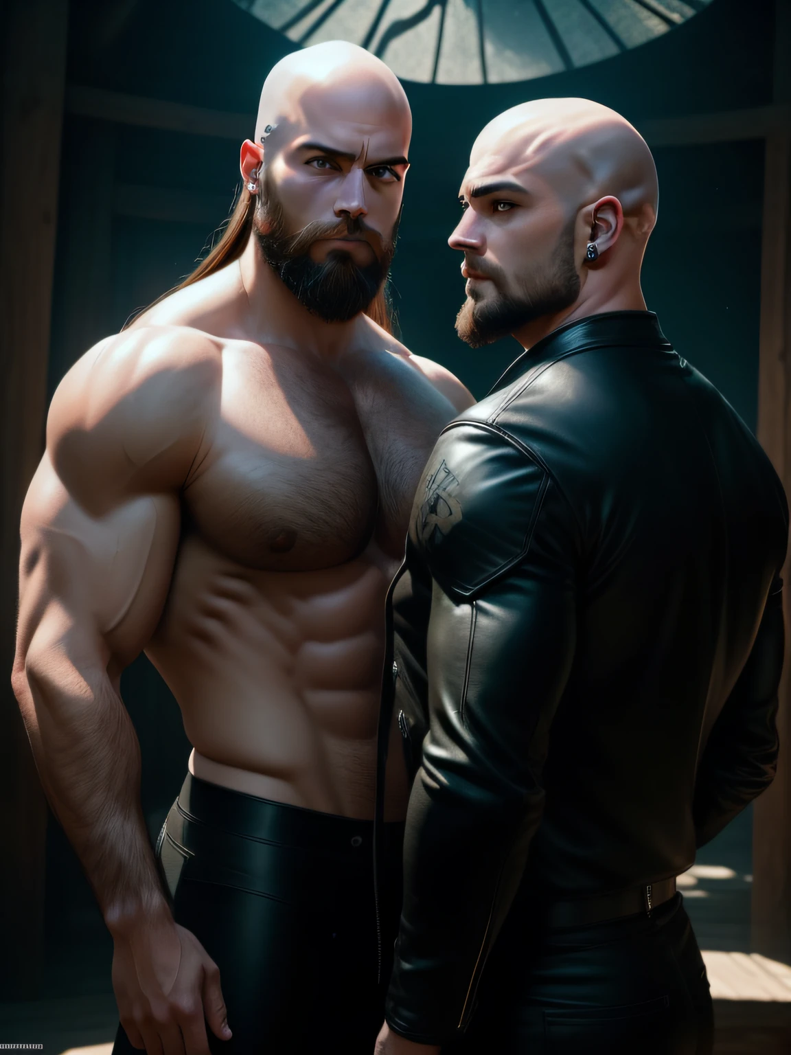 Two men posing together back and forth，Wear tight leather clothes and coats、High boots、Wearing nipple ring stud earrings，Sexy and energetic，The pectoral muscles are firm and powerful；A man with long hair and messy faces, with well-proportioned faces、A man with a bald head, thick eyebrows, European and American silhouette, and a tall figure，Both have beards，The scene is in the ranch，rays of sunshine，The atmosphere is happy and harmonious，There is love in the eyes，Look ahead。The bald man is a highly detailed portrait of the halo of the sun god Jesus Christ，The long-haired man is a highly detailed portrait image of the halo of the Buddha Sun God，unreal-engine，The Art of Mark Leyden，globalillumination，Behind the light，detailed and complex environment，Elden Ring style