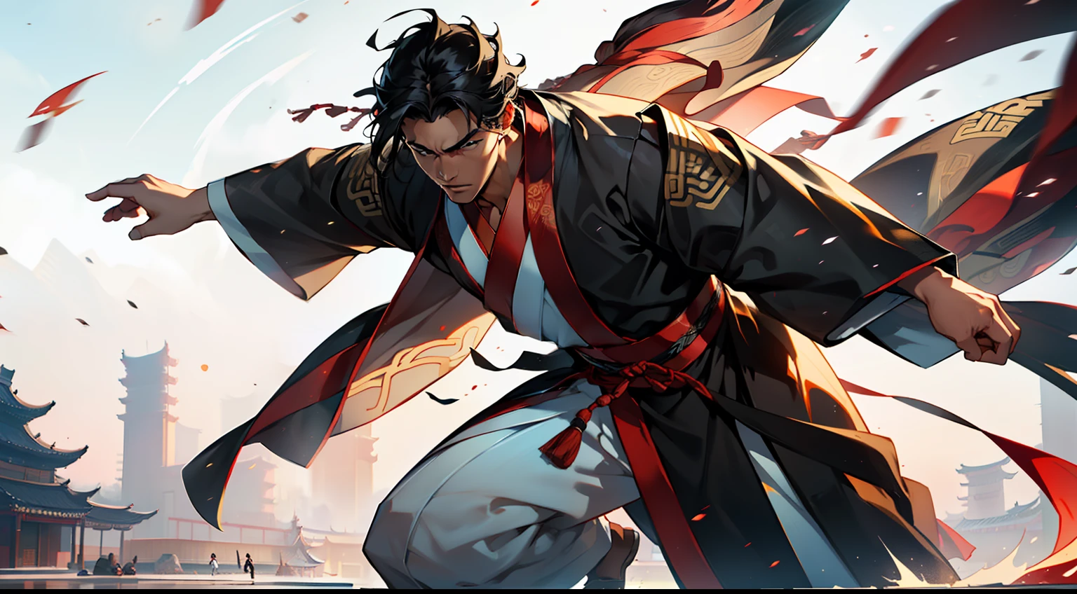 37, (1 person) (boy, ((Black coat)), ((Black Hanfu youth)), ((Black hair)), kingly air, gorgeous, handsome, outstanding temperament, swiftly navigates through the environment, attempting to escape from the pursuit of the person in white)(Background: in the sacred, magnificent ancient Chinese imperial palace).