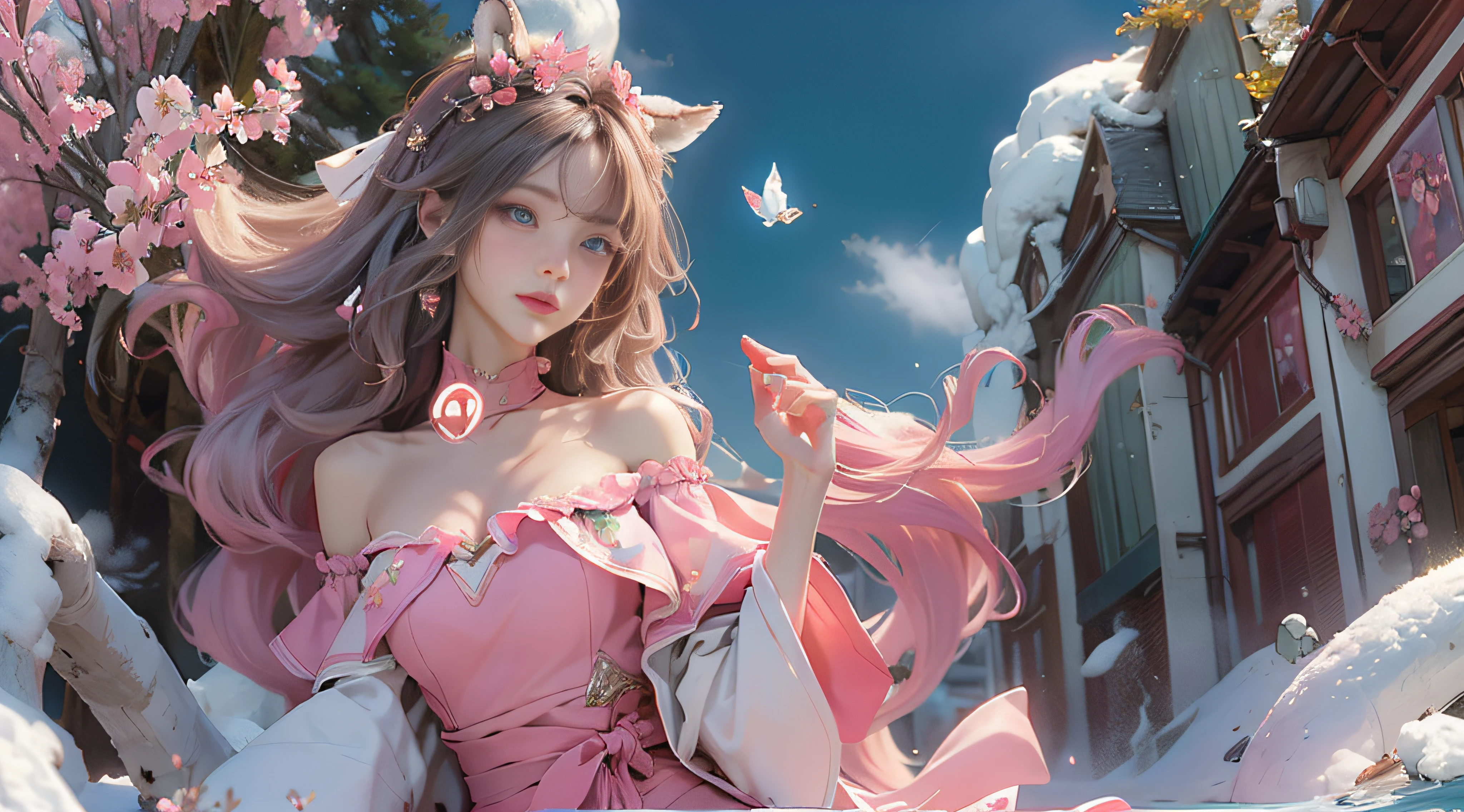 ((best qualtiy)), ((tmasterpiece)), (detail:1.4), Beautiful cyberpunk female images,hdr(HighDynamicRange),Ray traching,NVIDIA RTX,Hyper-Resolution,illusory 5,sub surface scattering,PBR textures,post-proces,Anisotropy Filtering,depth of fields,maximum definition and sharpness,Many-Layer Textures,Albedo e mapas Speculares,Surface coloring,Mitsu-Accurate simulation of material interactions,perfectly proportioned,rendering by octane,Two-colored light,largeaperture,Low ISO,White balance,Rule three points、8K raw data、Beautiful bright blue pupils,off-the-shoulder clothes,Fine pupils,Delicate face and eyes,long eyelasher,Blushlush,Delicate and fluffy hair,pink lip,Pure,Cute face,Sweet girl,Artistic sense,Casual wear,Advancedsense,butterflys,Cherry blossom petal,Beautiful hair accessories,Long hair and waist,Hair fluttering in the wind,Snow-white fox ears,curlies