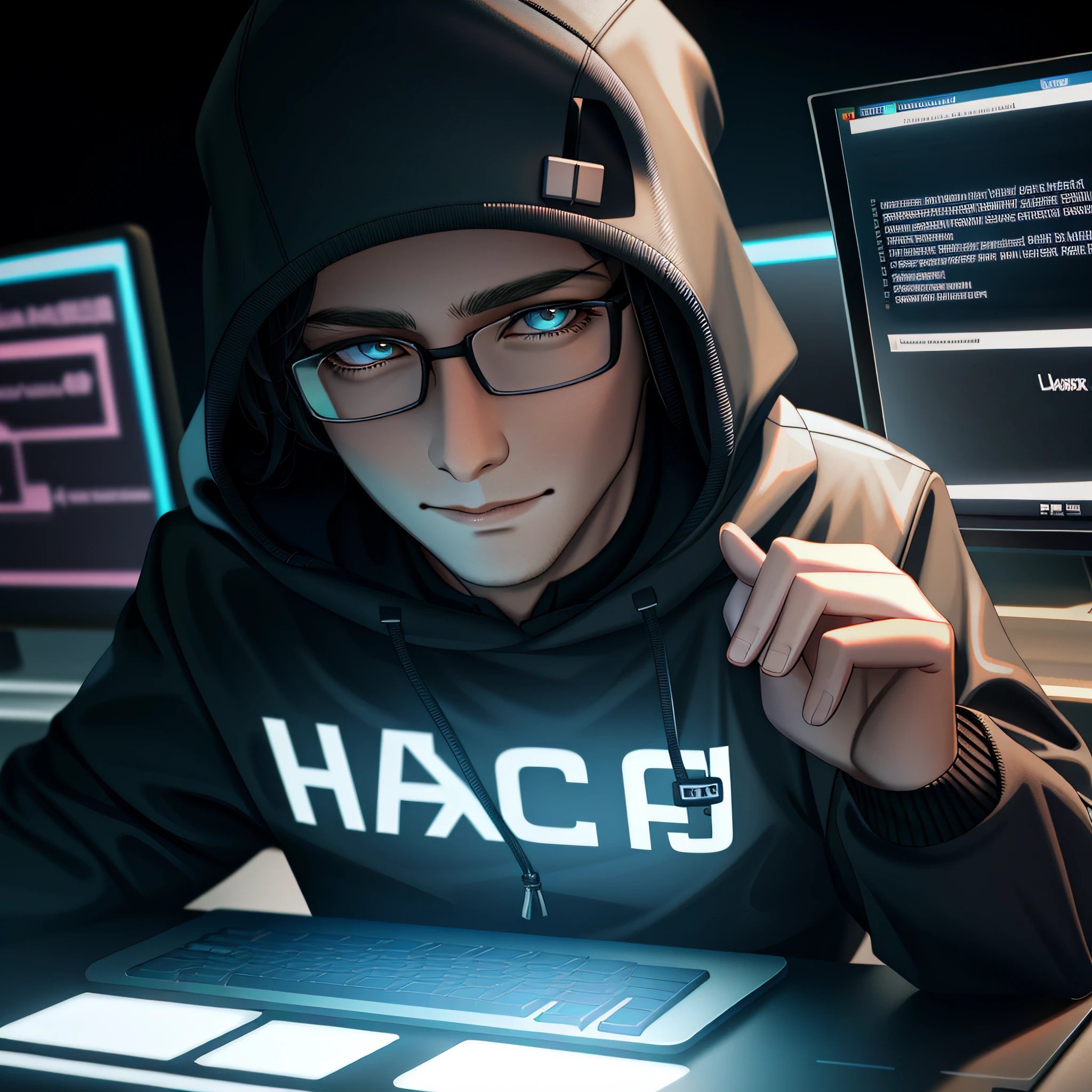There was a man in a hoodie sitting at his desk，holding a laptop in his hand, hacking, cyberpunk hacker, fvckrender, HDRP rendering, 3 d render of jerma 9 8 5, artistation render, hacknaut cyberpunk, hacking, hacking, hyperreal rendering, typical cryptocurrency nerd, high res render, hyper realistic rendering, digital art render, CG art