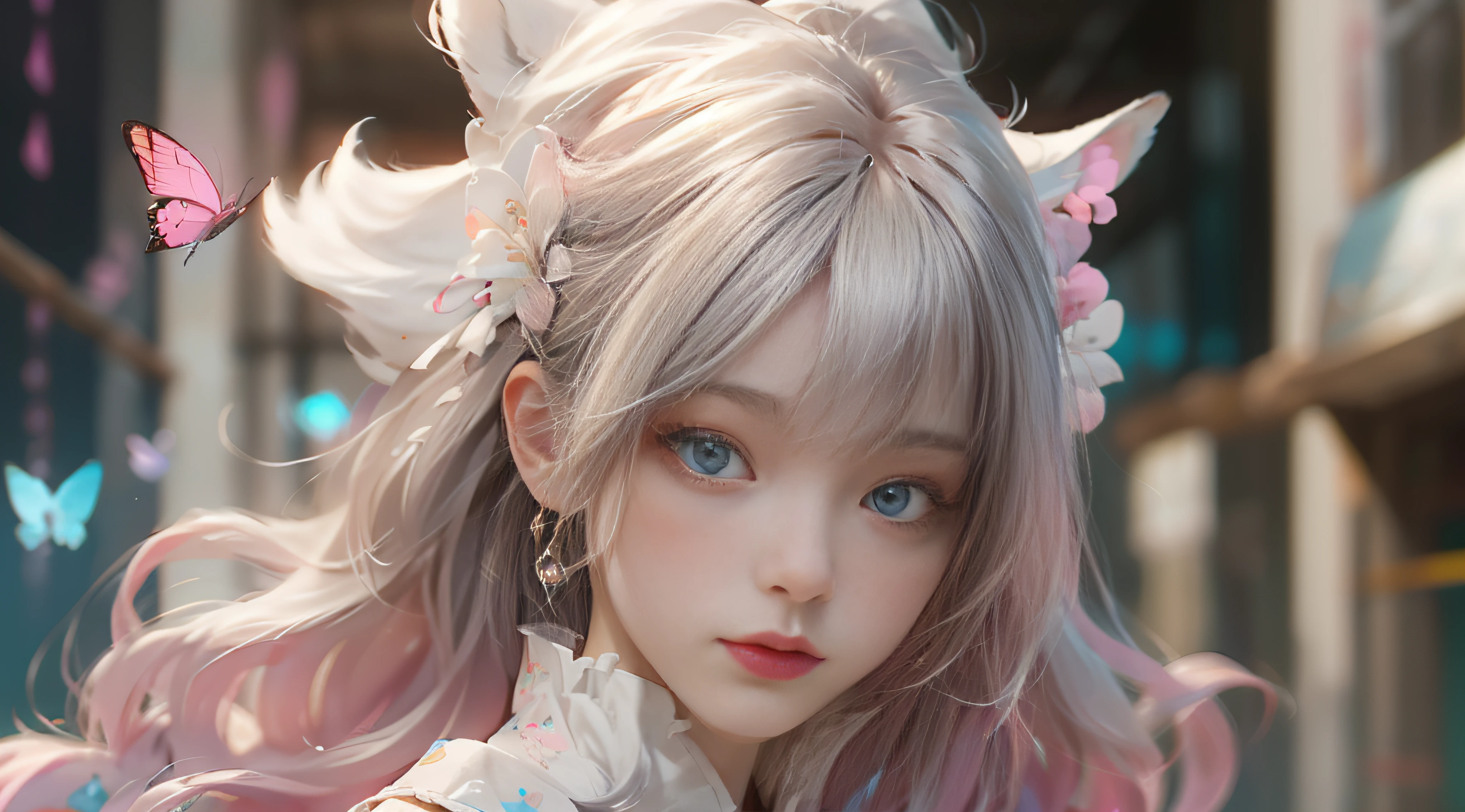 （（best qualtiy））， （（tmasterpiece））， （detail：1.4）， Beautiful cyberpunk female images，hdr（HighDynamicRange），Ray traching，NVIDIA RTX，Hyper-Resolution，illusory 5，sub surface scattering，PBR textures，post-proces，Anisotropy Filtering，depth of fields，maximum definition and sharpness，Many-Layer Textures，Albedo e mapas Speculares，Surface coloring，Mitsu-Accurate simulation of material interactions，perfectly proportioned，rendering by octane，Two-colored light，largeaperture，Low ISO，White balance，Rule three points、8K raw data、Beautiful bright blue pupils，off-the-shoulder clothes，Fine pupils，Delicate face and eyes，long eyelasher，Blushlush，Delicate and fluffy hair，pink lip，Pure，Cute face，Sweet girl，Artistic sense，Casual wear，Advancedsense，butterflys，Cherry blossom petal，Beautiful hair accessories，Long hair and waist，Hair fluttering in the wind，Snow-white fox ears，curlies