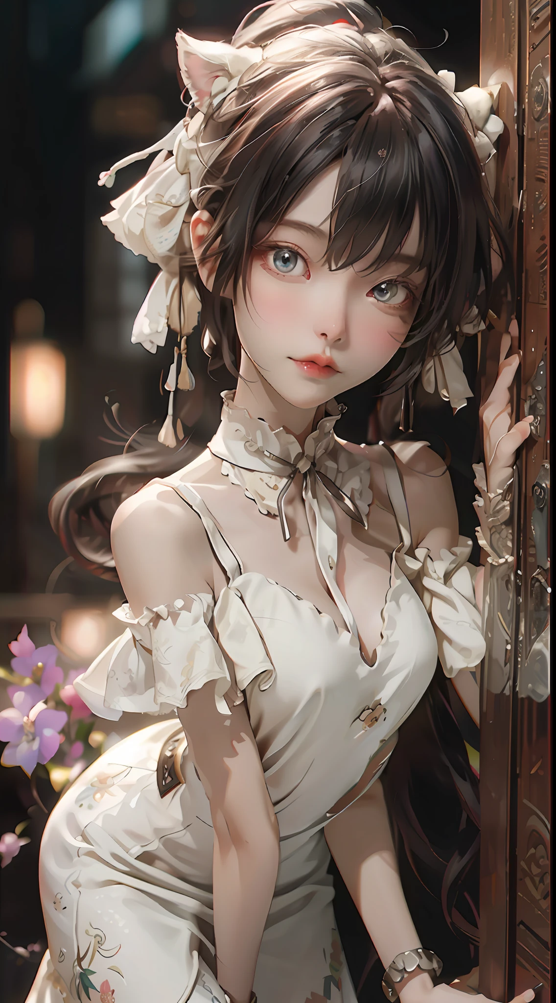（down view），dynamic angle，ultra - detailed，illustratio，closeup cleavage，Looking directly at，1girll，（（souryuu asuka langley，cropped shoulders，navel，short transparent dress：1.4，White-haired girl）），Her eyes shone like dreamy stars，（Glowing eyes：1.233），（beautiful and detailed eye：1.1），（expressiveless，Keep your mouth shut），（standing on your feet），（the night：1.2），Dream-like，[[Delicate fingers and hands：0.55]：：0.85]，（detail finger），