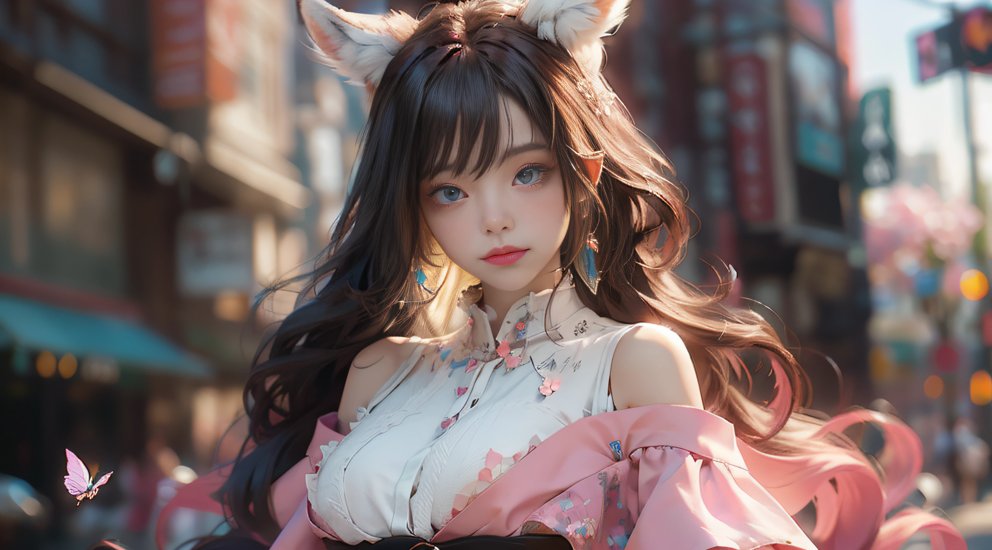 （（best qualtiy））， （（tmasterpiece））， （detail：1.4）， Beautiful cyberpunk female images，hdr（HighDynamicRange），Ray traching，NVIDIA RTX，Hyper-Resolution，illusory 5，sub surface scattering，PBR textures，post-proces，Anisotropy Filtering，depth of fields，maximum definition and sharpness，Many-Layer Textures，Albedo e mapas Speculares，Surface coloring，Mitsu-Accurate simulation of material interactions，perfectly proportioned，rendering by octane，Two-colored light，largeaperture，Low ISO，White balance，Rule three points、8K raw data、Beautiful bright blue pupils，off-the-shoulder clothes，Fine pupils，Delicate face and eyes，long eyelasher，Blushlush，Delicate and fluffy hair，pink lip，Pure，Cute face，Sweet girl，Artistic sense，Casual wear，Advancedsense，butterflys，Cherry blossom petal，Beautiful hair accessories，Long hair and waist，Hair fluttering in the wind，Snow-white fox ears，curlies