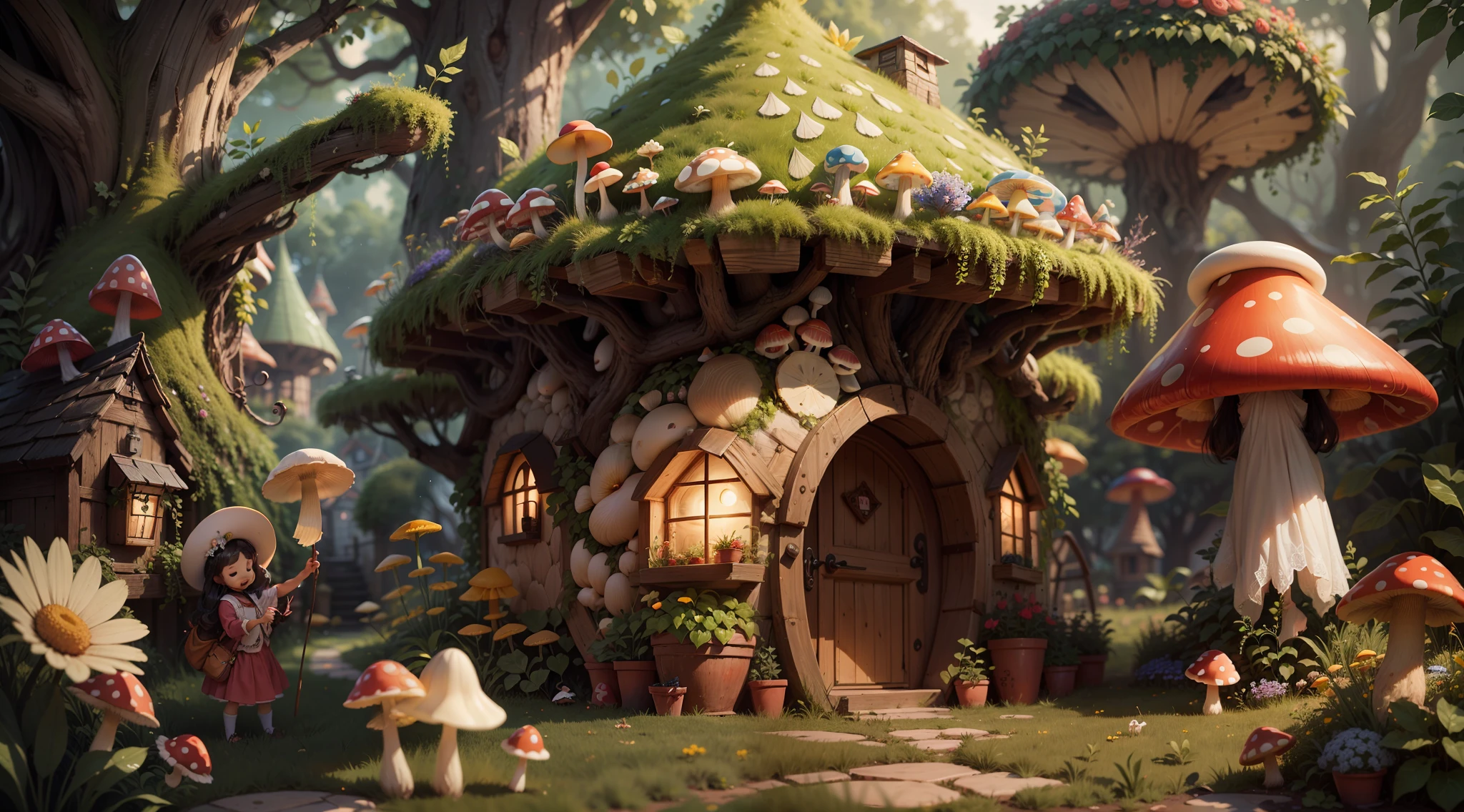 Fairy tale picture book,Cogumelos,mushroom house,bit girl,Grandma,florals,A plant,high qulity,16K resolution,(best qualtiy),(tmasterpiece),super-fine,Detailed pubic hair,Accurate