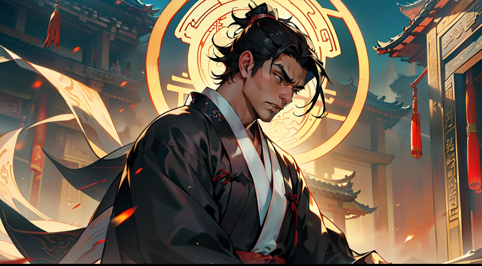 39, (1 person) (boy, ((Black coat)), ((Black Hanfu youth)), ((Black hair)), kingly air, gorgeous, handsome, outstanding temperament, feels despair but never gives up, grits his teeth and persists in the battle)(Background: in the sacred, magnificent ancient Chinese imperial palace).