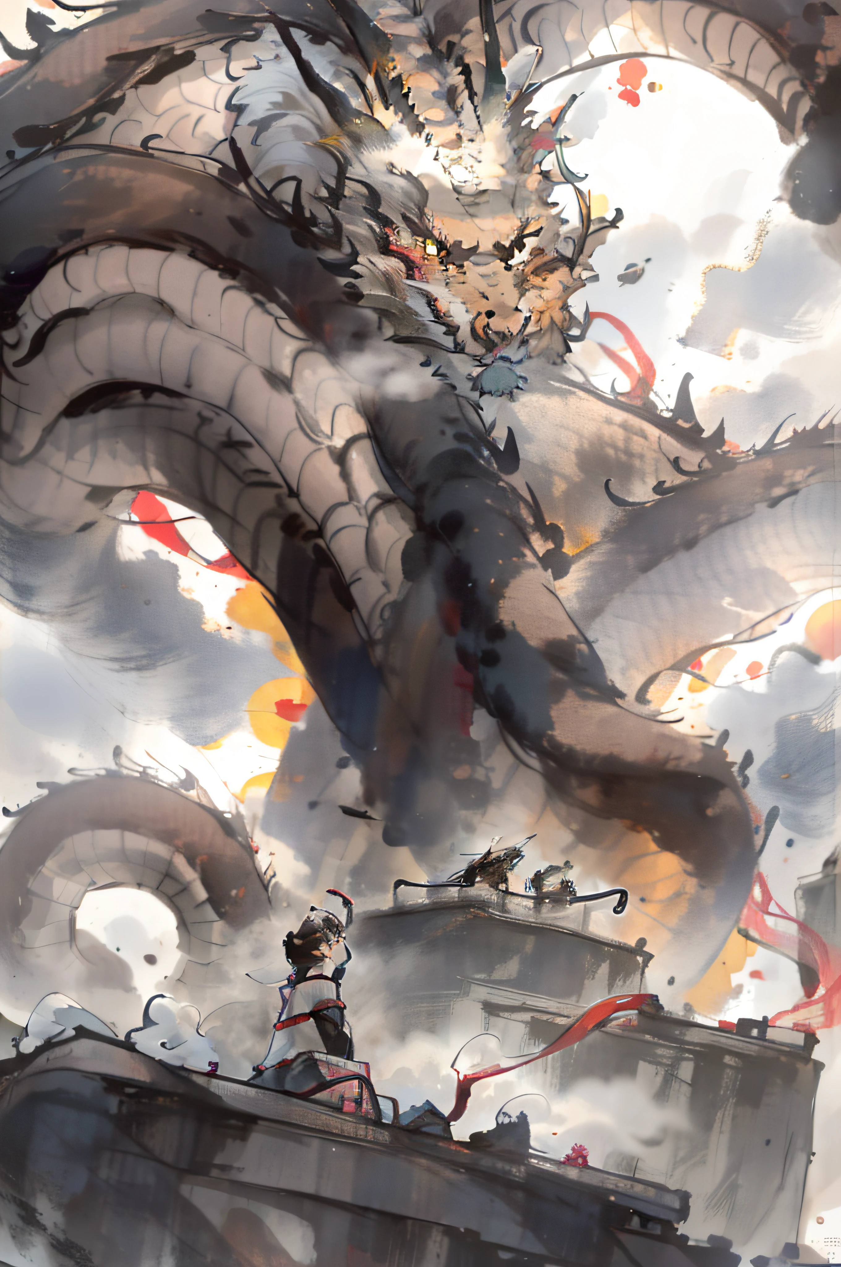 Multicolored,Colorful,vivd colour,Chinese ink painting,Libido boy,from back,Great view,Skysky,Heavy fog,chinesedragon,Close-up - AR 3:4--S400