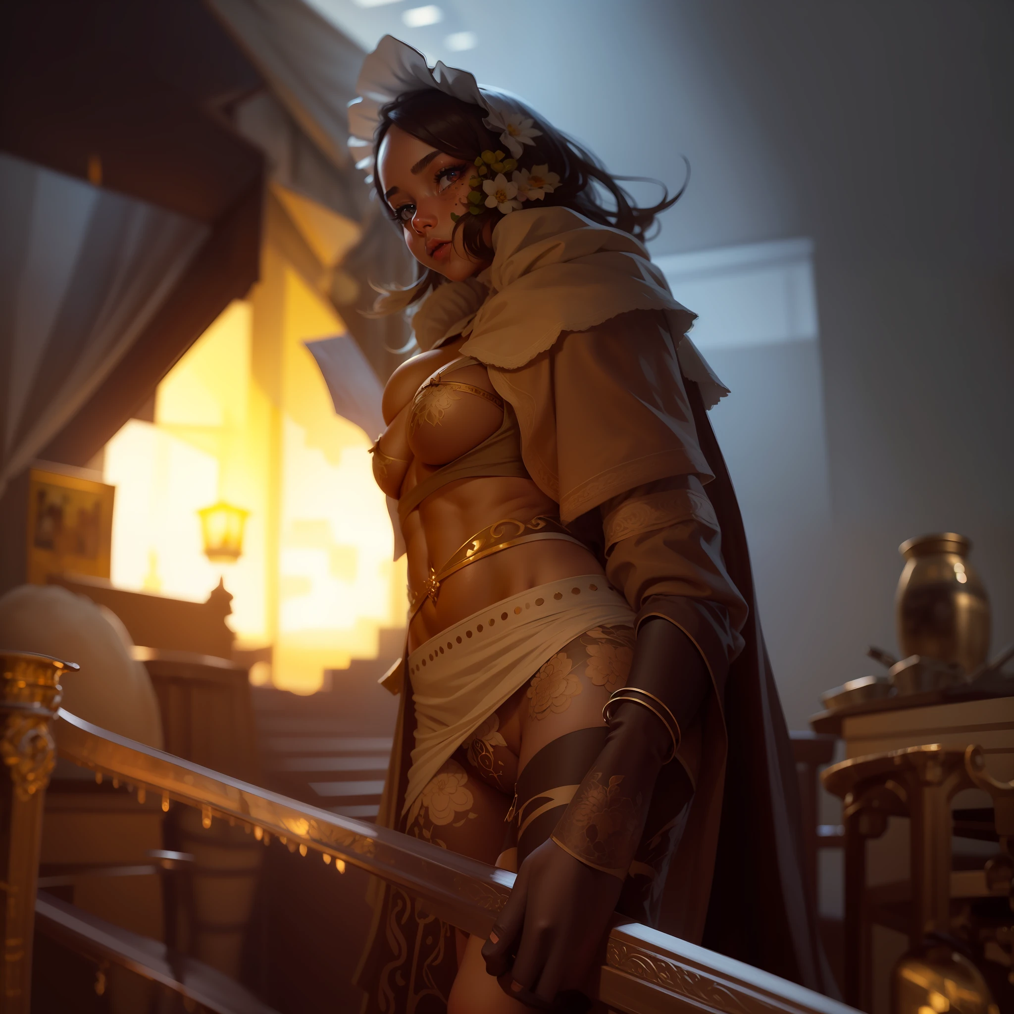 (hyperrealistic), (illustration), (high resolution), (8K), (extremely detailed), (best illustration), (beautiful detailed eyes), (best quality), (super detailed), (masterpiece), (wallpaper), (detailed face), solo, 1 girl, white wavy hair, korean, heterochromic eyes, small moles under the eyes, maid outfit, big breasts, long legs, tight abs, (camel toes), (black stockings), (no panties)