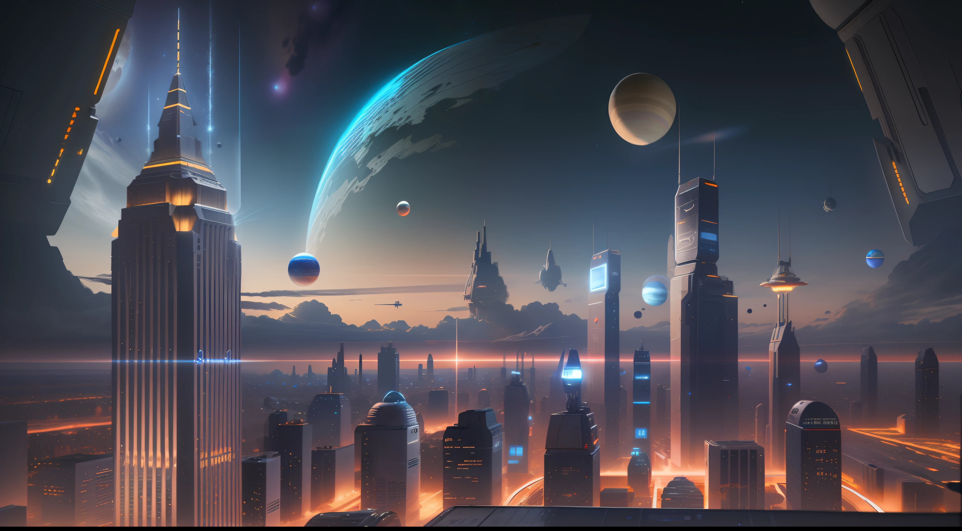 evening light,Some huge textured clear planets,Small futuristic technological spacecraft,Movie CG texture,