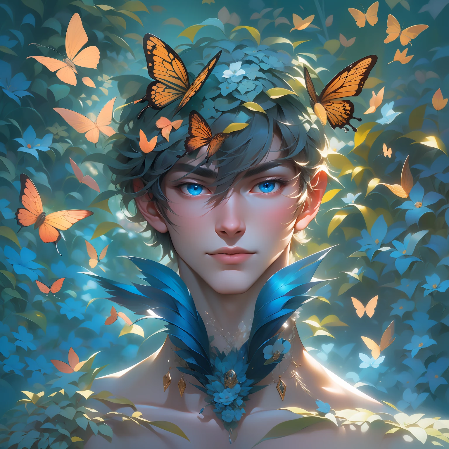 a close-up of an androgynous anime extraordinarily handsome prince is revealed, bathed in an enchanting blue light that imparts an ethereal glow to his features. His chiseled jawline and striking cheekbones are enhanced by the captivating play of shadows and light, lending an air of mystique and allure to his countenance.

What makes this scene truly extraordinary is the man's mesmerizing disguise – he transforms into a majestic butterfly, his entire being adorned with resplendent blue wings that shimmer with a brilliance akin to precious sapphires. The butterfly's wings are a masterpiece of iridescence, reflecting a myriad of shades of blue, each hue more captivating than the last.

Surrounding the man-butterfly are a multitude of similarly stunning blue butterflies, creating an enchanting symphony of colors that dance gracefully around him. They seem to be drawn to his radiant presence, as if he is the embodiment of the butterfly's elegance and beauty.

The atmosphere is one of wonder and enchantment, as if the boundaries between human and nature have been blurred in this magical moment. The setting is a serene and idyllic garden, with lush foliage and vibrant blooms adding to the enchanting ambiance.

This extraordinary and surreal prompt shall be actualized as a breathtaking and evocative work of art, where every brushstroke shall be infused with a sense of magic and beauty. The colors shall be carefully selected to exude the mesmerizing blue light and the iridescence of the butterflies, while the man's features and transformation shall be rendered with artistic mastery