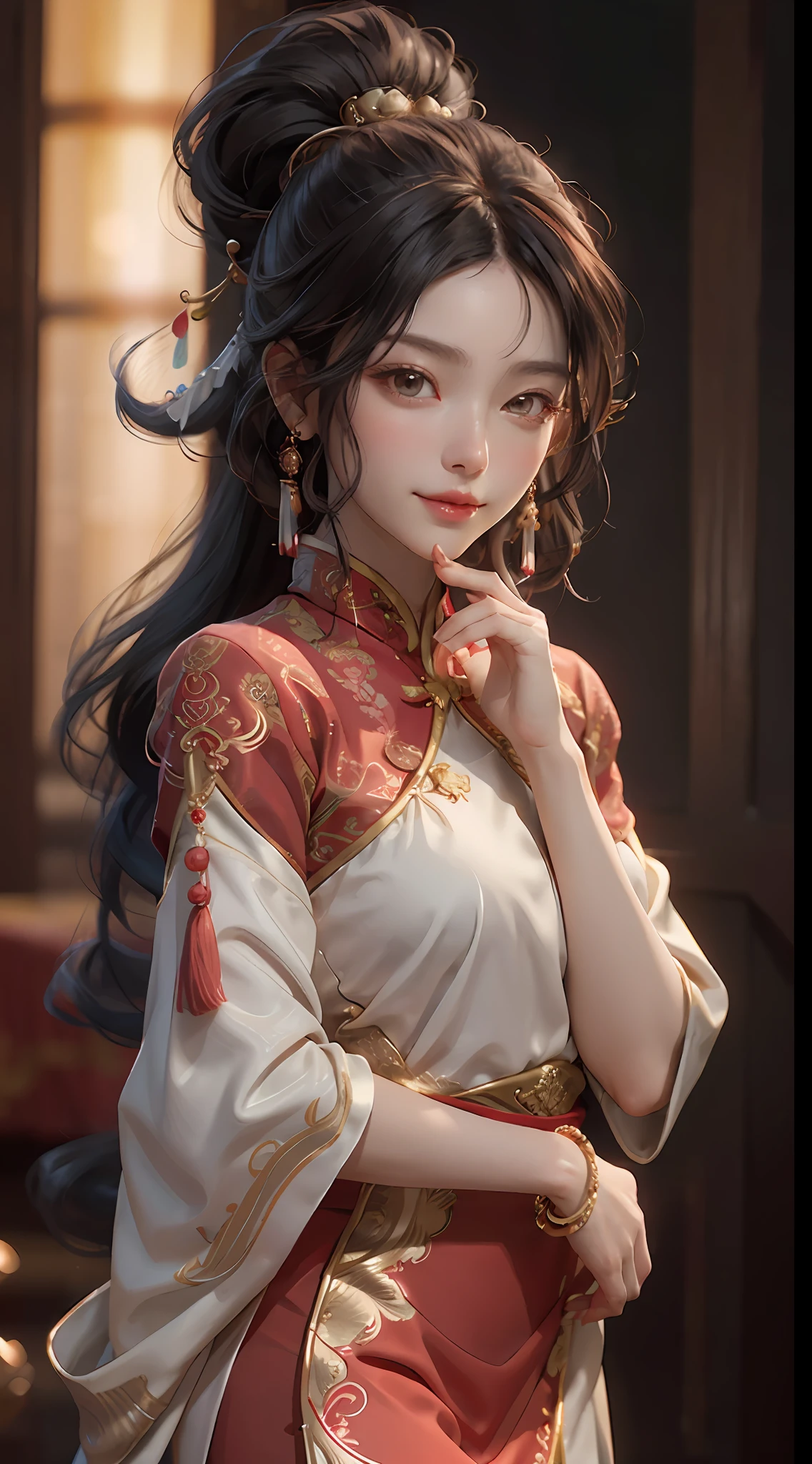 Best, masterpiece, upper body, night, full moon, 1 female, mature woman, Chinese style, ancient porcelain, older sister, royal sister, smile, black hair, high ponytail, curly hair, hairpin, light pink lips, calm, intellectual, brown eyes, tassels , Gold Thread, Beads, Armor, Shroud Silk Dress, Delicate Face, Facial Closeup, Hands Closeup, Red Dress, Beautiful Face, Realistic, Rim Lighting, Duotone Lighting, (High Detail Skin: 1.2), 8k uhd, dslr, soft light, high quality, volumetric light, photo, high resolution, 4k, 8k, bokeh