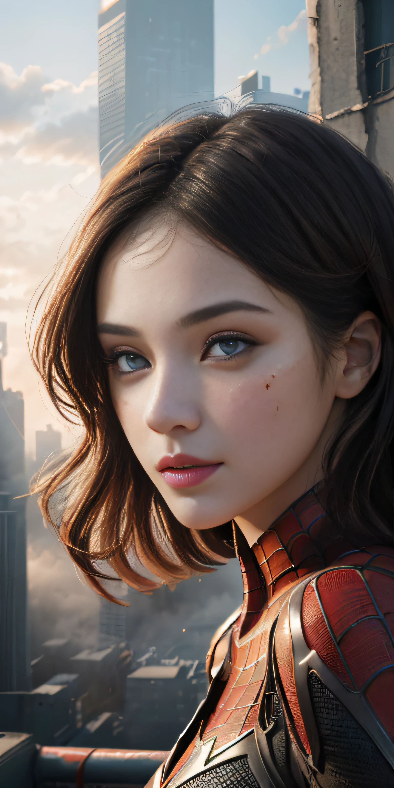 (1girl:1.3), solo, (((extremely detailed face))),(((extremely detailed eyes and face))),beautiful detailed eyes,body-parts__, official art, unified 8k wallpaper, super detailed, beautiful and aesthetic, beautiful, masterpiece, best quality, raw, masterpiece, super fine photo, best quality, super high resolution, photorealistic realism, sunlight, full body portrait, amazing beauty,, dynamic pose, delicate face, vibrant eyes, (from the front), she is wearing a Spider-man suit, red and black color scheme, spider, very detailed abandoned warehouse background, Detailed face, detailed complex busy background, messy, gorgeous, milky white, highly detailed skin, realistic skin details, visible pores, sharp focus, volumetric fog, 8k uhd, DSLR, high quality, film grain, fair skin, photo realism, lomography, huge metropolis in future dystopia, seen from below, translucent