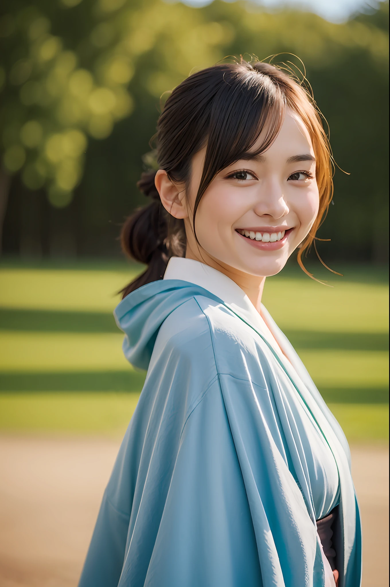 beautiful japanese female、Vivid kimono、top-quality、masterpiece、超A high resolution、Photorealsitic、Look at the horizon、A smile、Blurred background