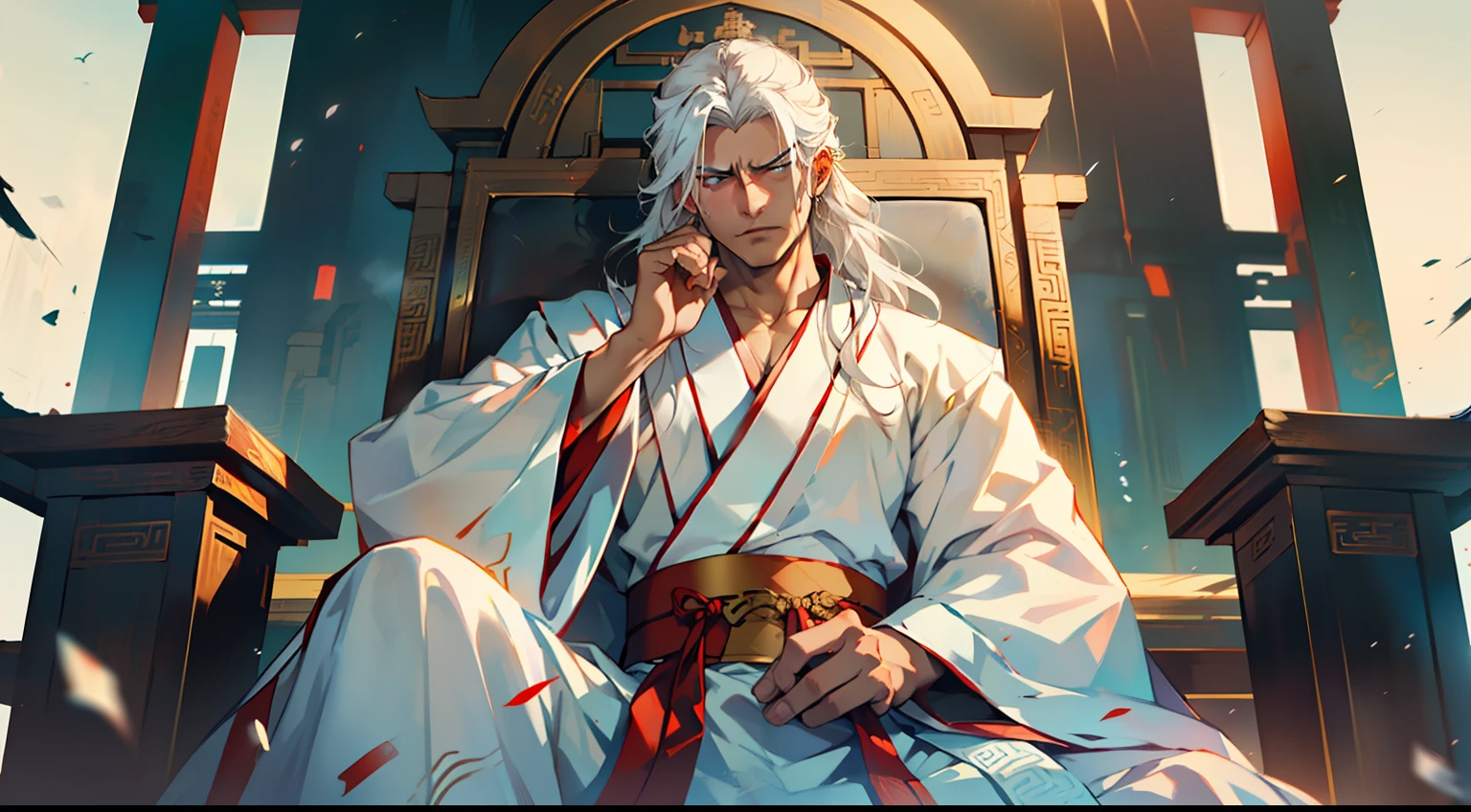 40, (1 person) (boy, ((white Hanfu youth)), ((Long white hair)), kingly air, gorgeous, handsome, outstanding temperament, sitting on the sacred throne, with a cold expression, prepares to deliver a fatal blow to the person in black)(Background: in the sacred, magnificent ancient Chinese imperial palace).