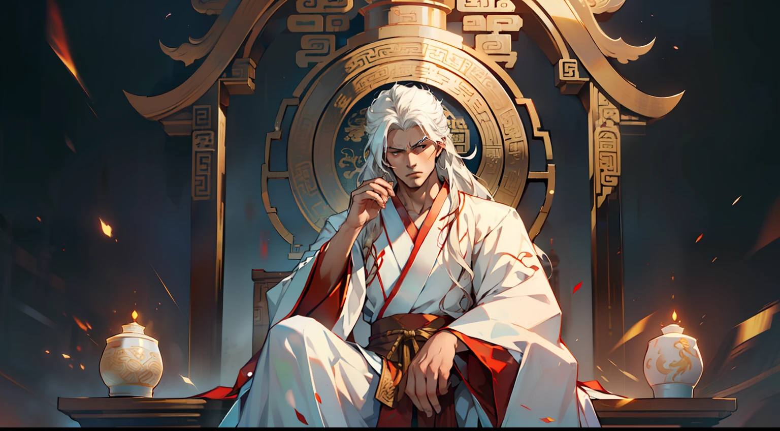 40, (1 person) (boy, ((white Hanfu youth)), ((Long white hair)), kingly air, gorgeous, handsome, outstanding temperament, sitting on the sacred throne, with a cold expression, prepares to deliver a fatal blow to the person in black)(Background: in the sacred, magnificent ancient Chinese imperial palace).