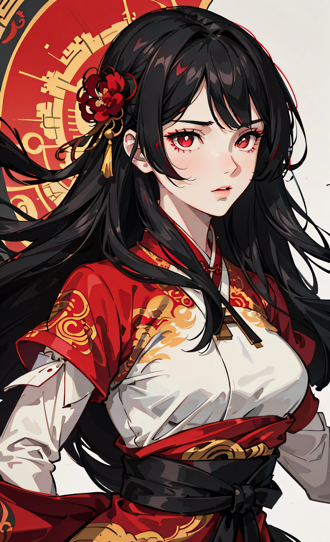Mature girl, black hair, floating hair, delicate eyes, red pupils, heroine, black and red antique damask hanfu, FOV, f1.8, masterpiece, complex scene, gorgeous portrait shot